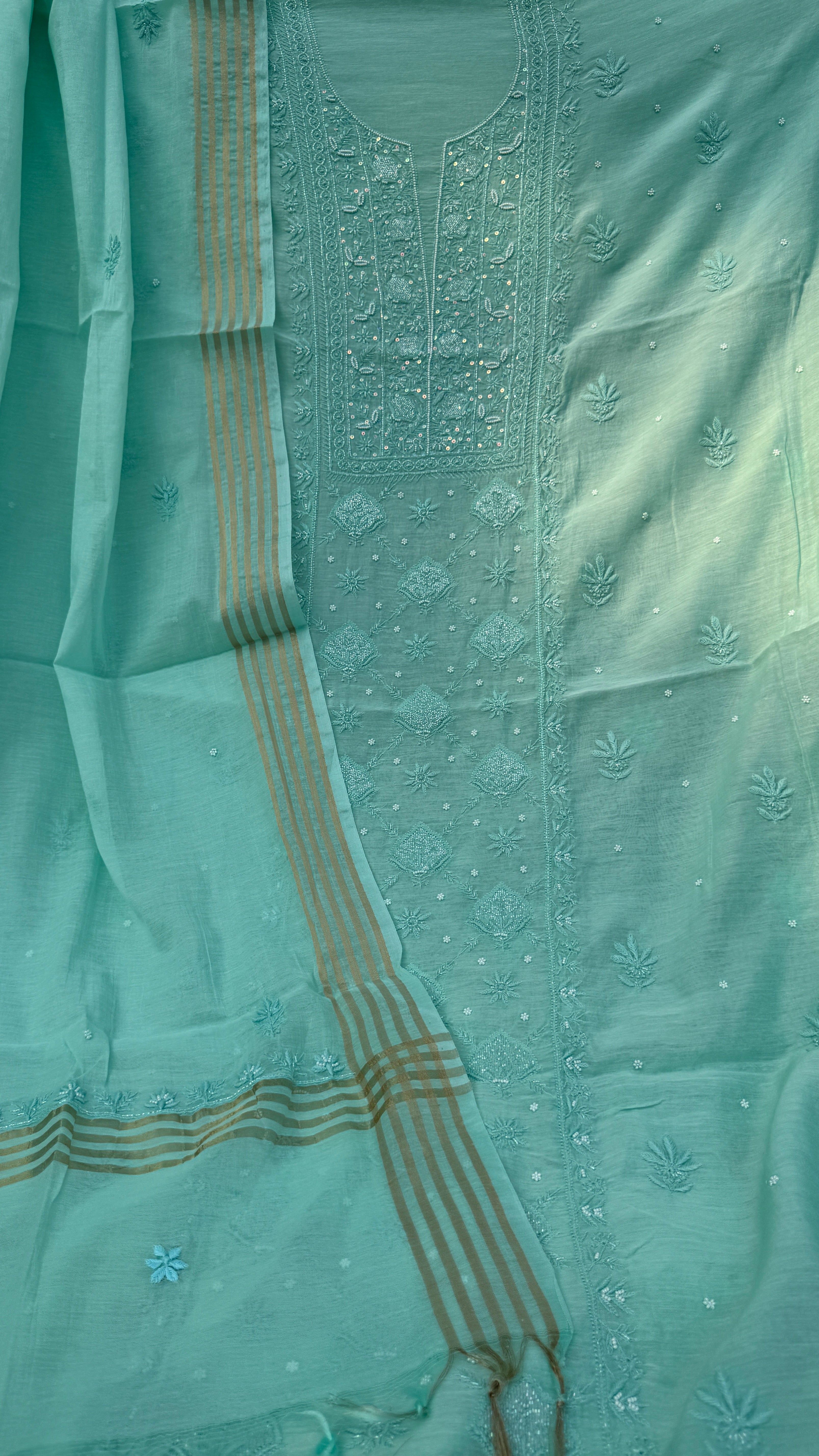 Mul Chanderi Chikankari - Heavy Unstitched Set - Green