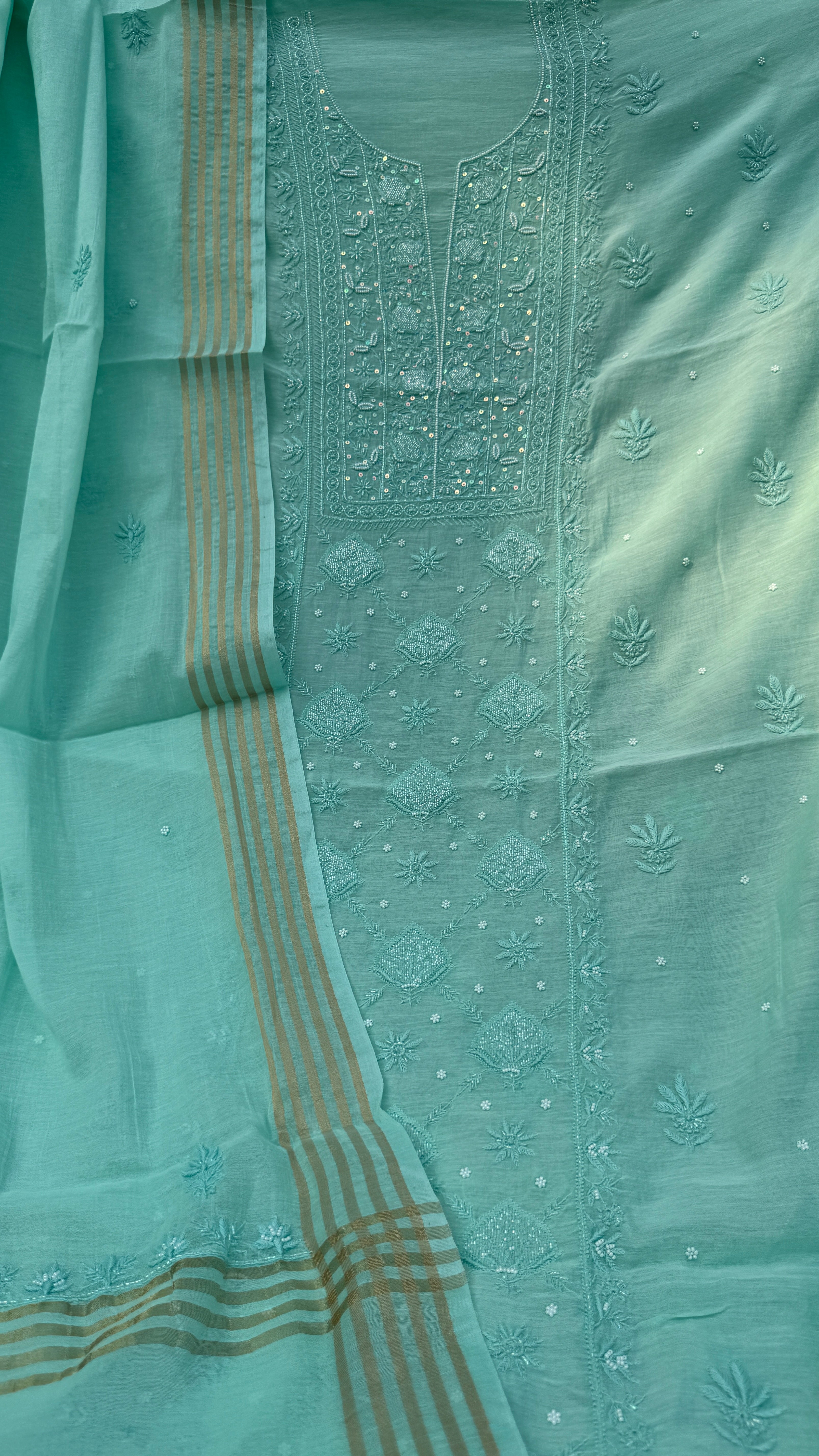 Mul Chanderi Chikankari - Heavy Unstitched Set - Green