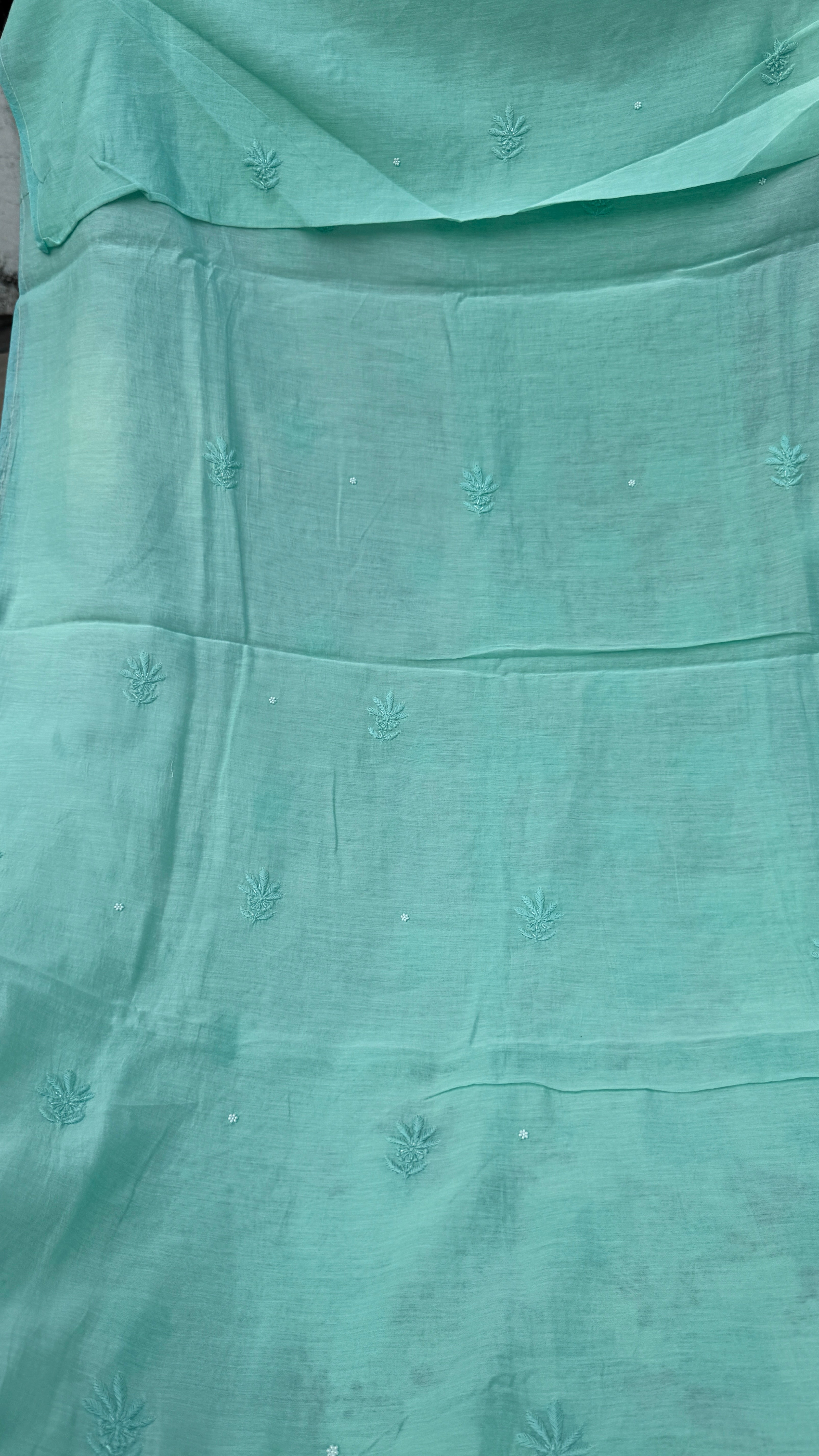 Mul Chanderi Chikankari - Heavy Unstitched Set - Green