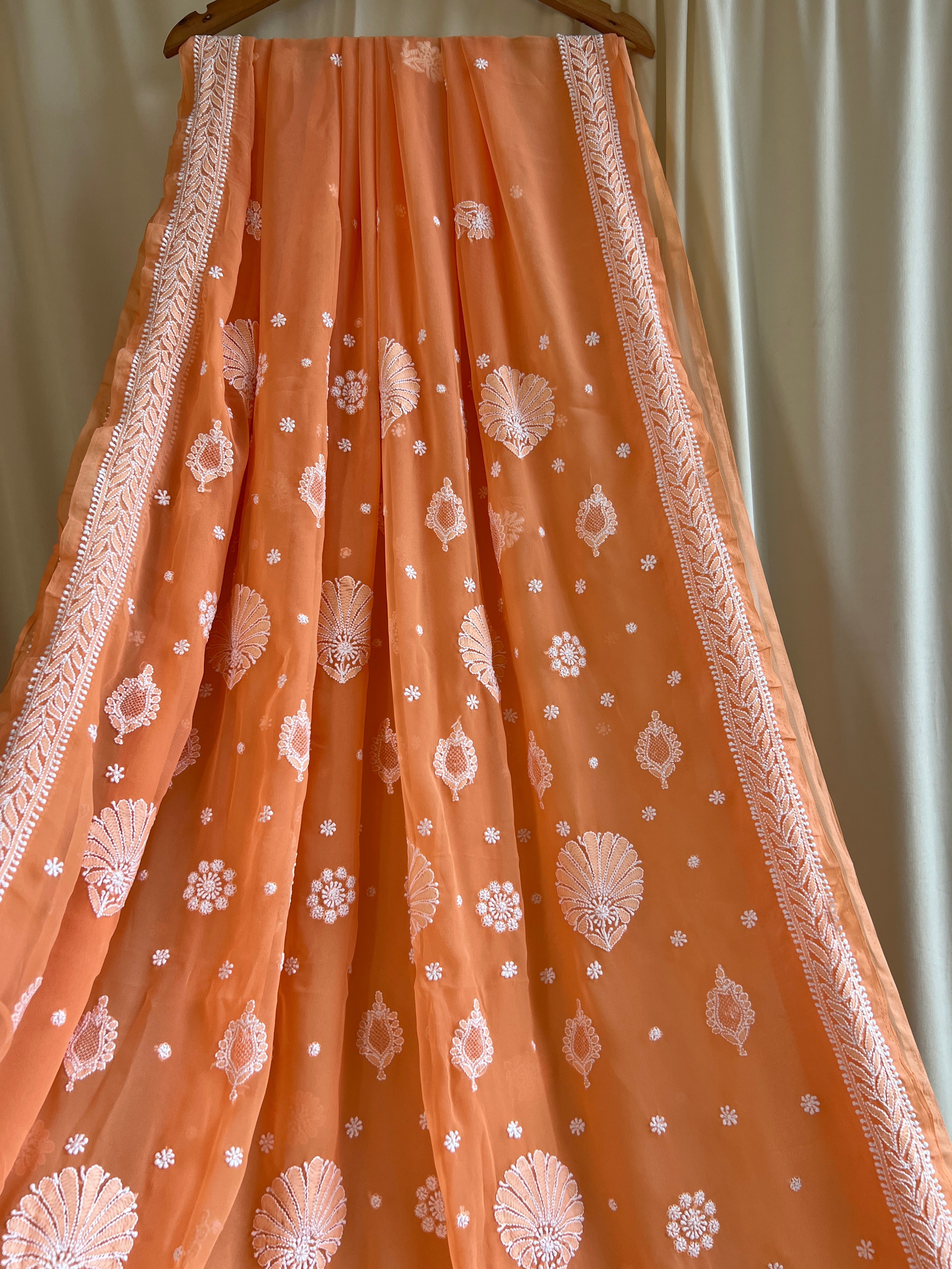 Georgette Chikankari saree in Sunset Orange ARIAA CHIKANKARI