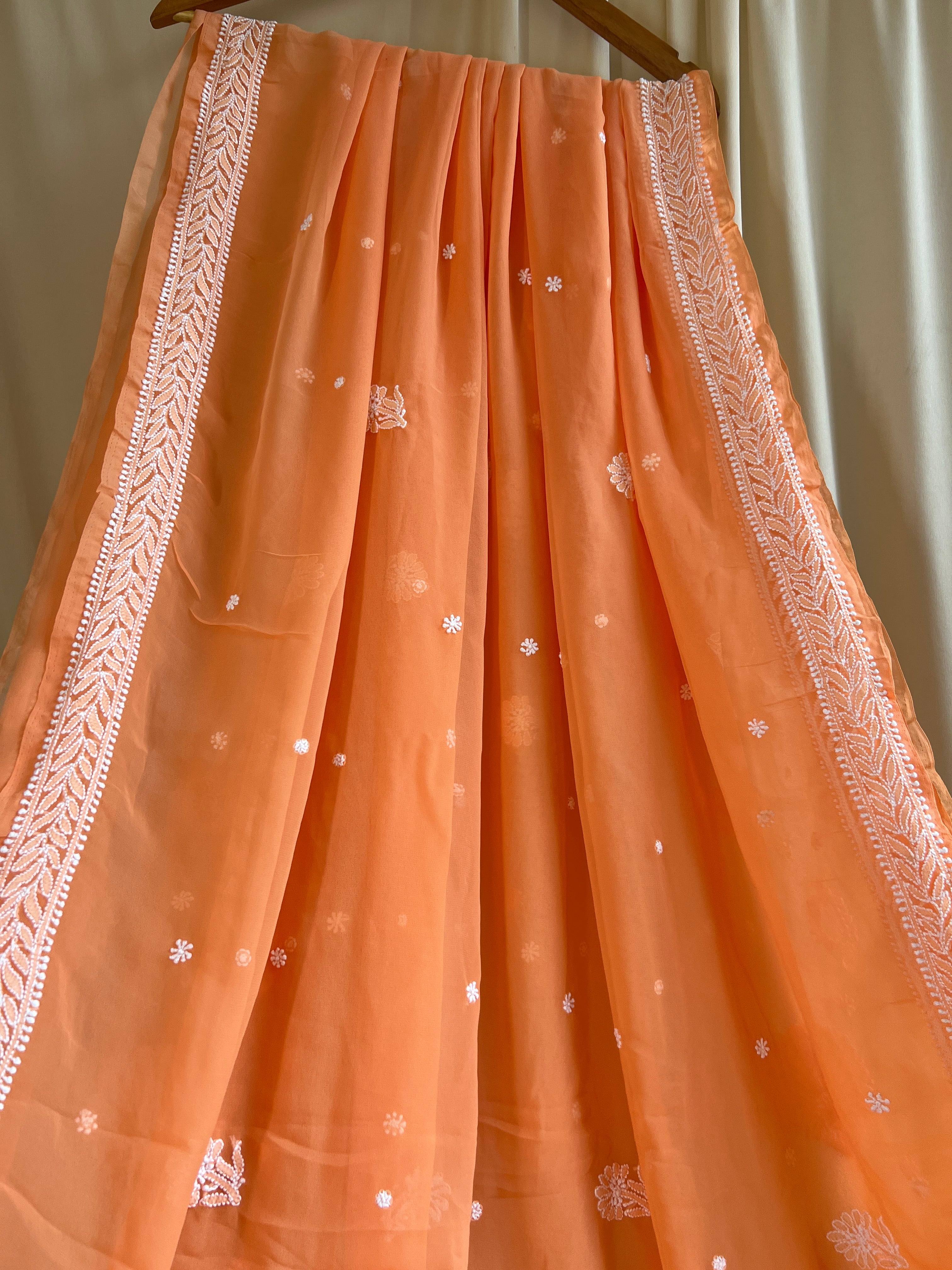 Georgette Chikankari saree in Sunset Orange ARIAA CHIKANKARI