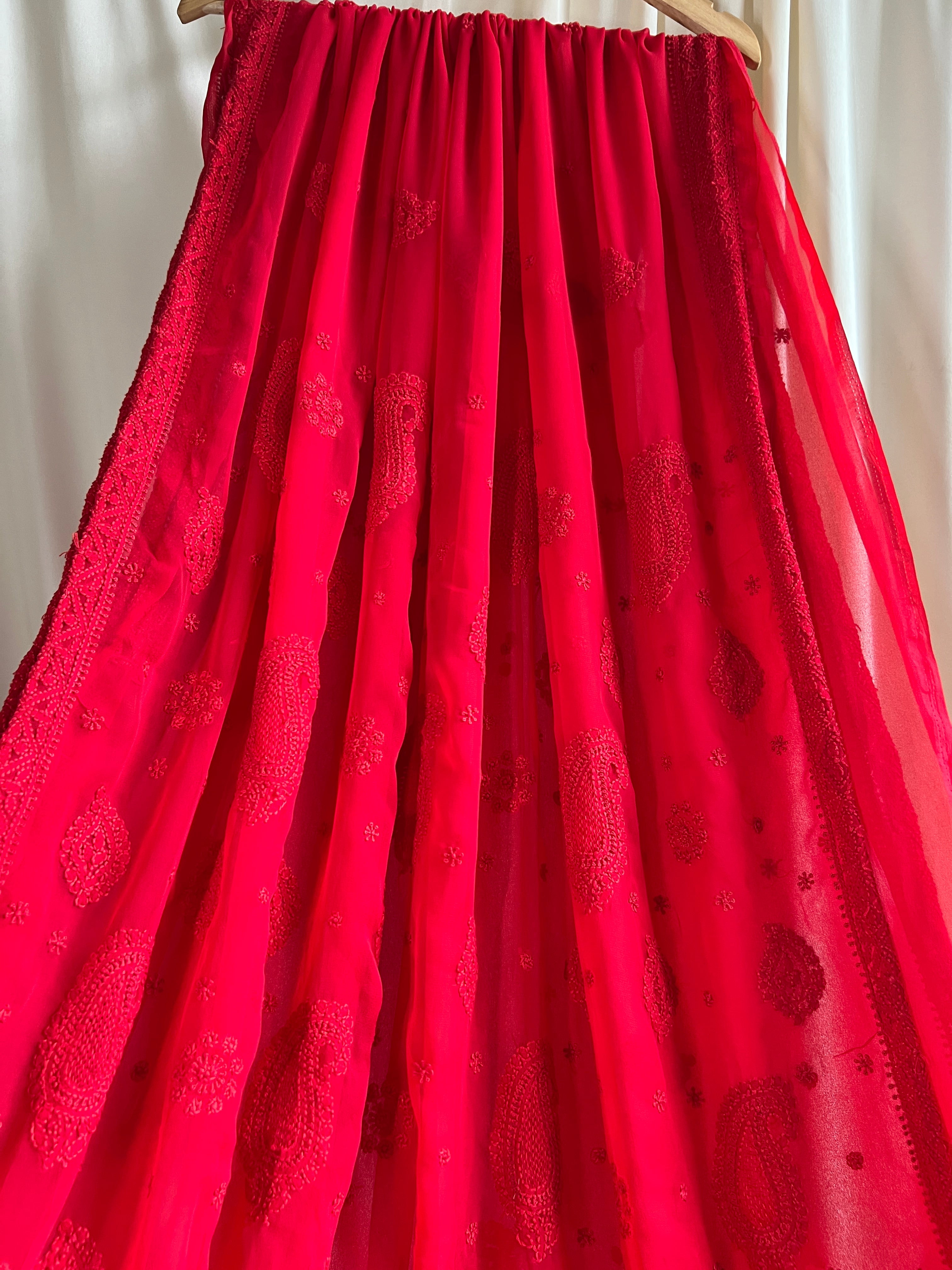 Georgette Chikankari saree in Red ARIAA CHIKANKARI