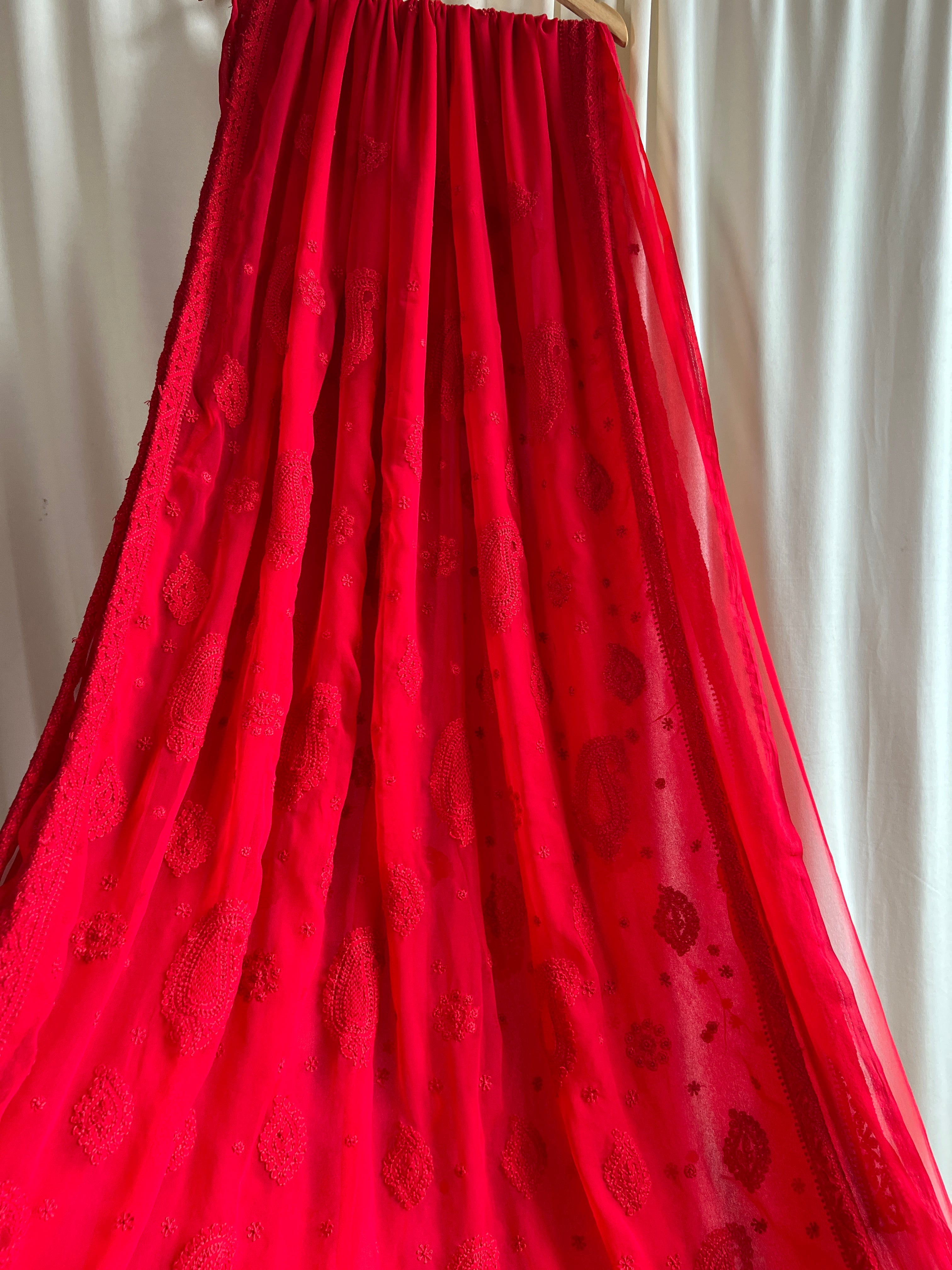 Georgette Chikankari saree in Red ARIAA CHIKANKARI