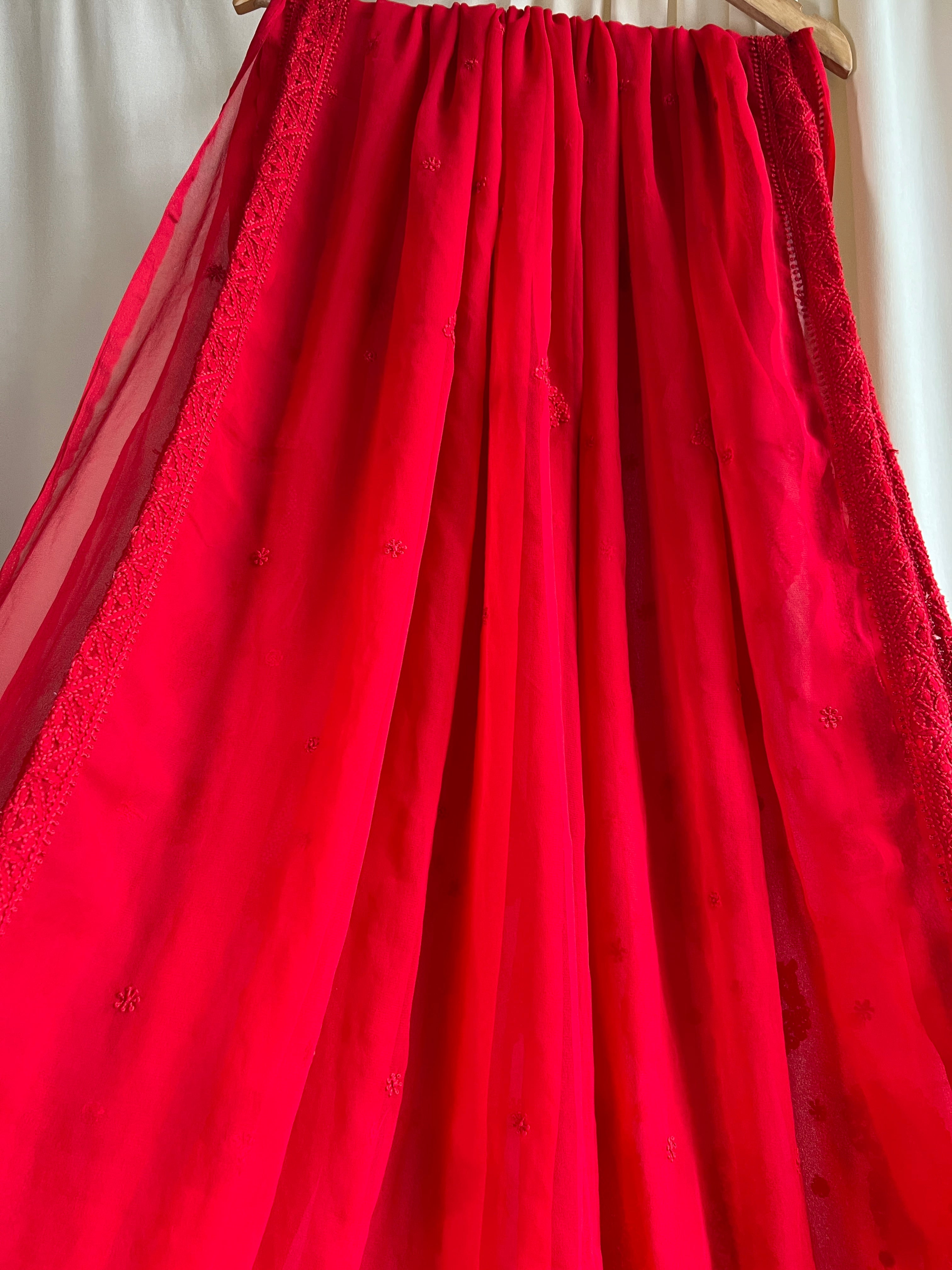 Georgette Chikankari saree in Red ARIAA CHIKANKARI
