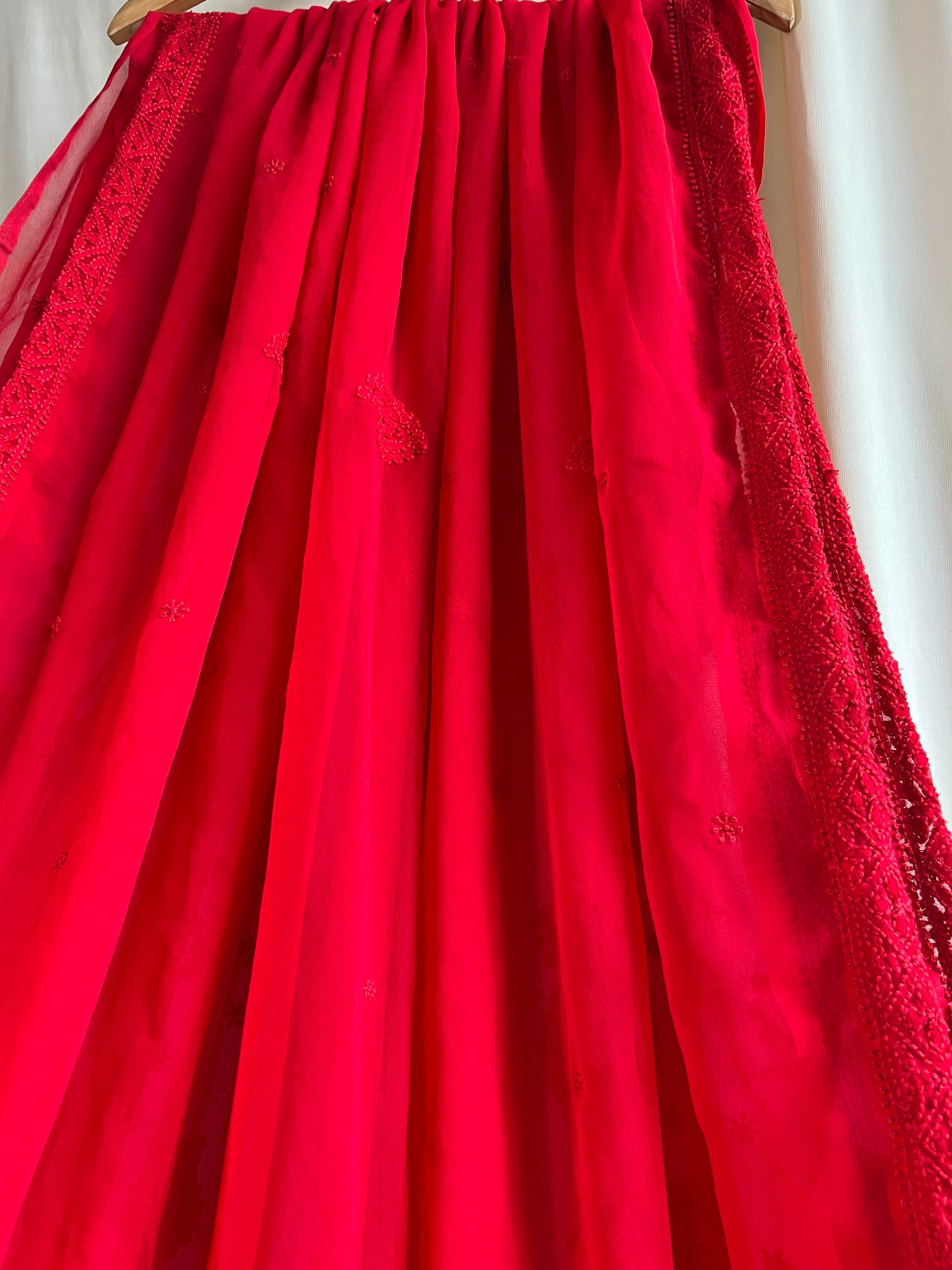 Georgette Chikankari saree in Red ARIAA CHIKANKARI