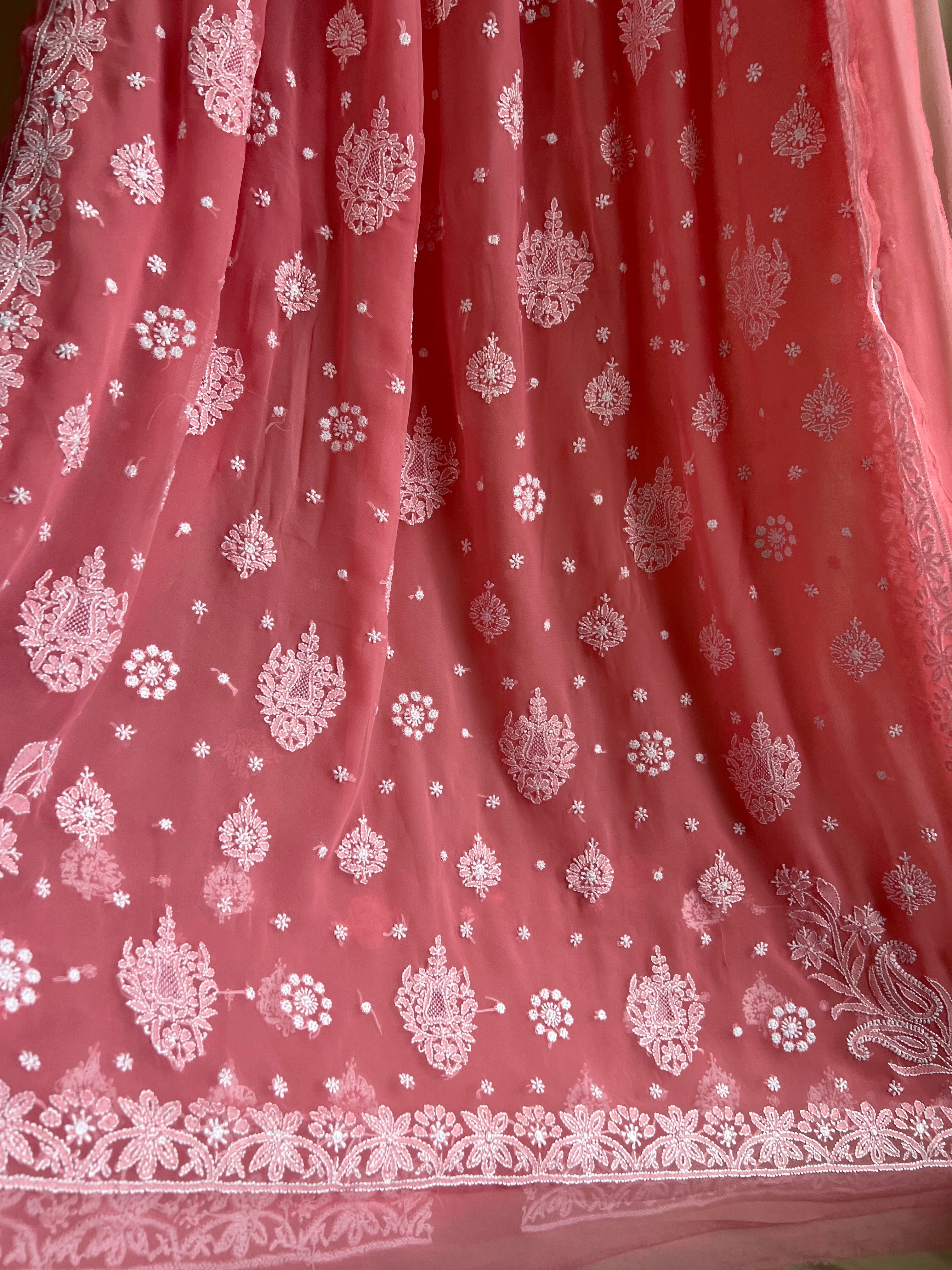 Georgette Chikankari saree in Carrot Pink ARIAA CHIKANKARI