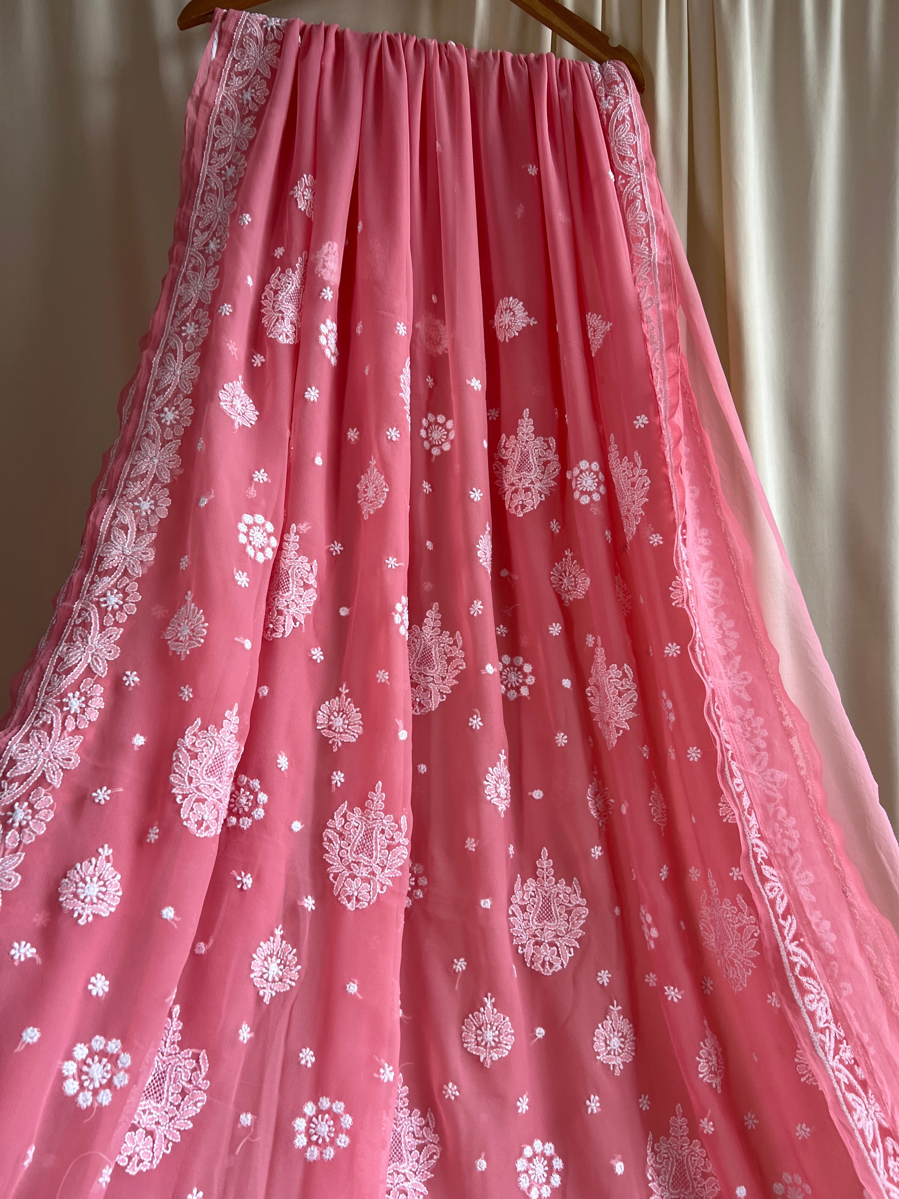 Georgette Chikankari saree in Carrot Pink ARIAA CHIKANKARI
