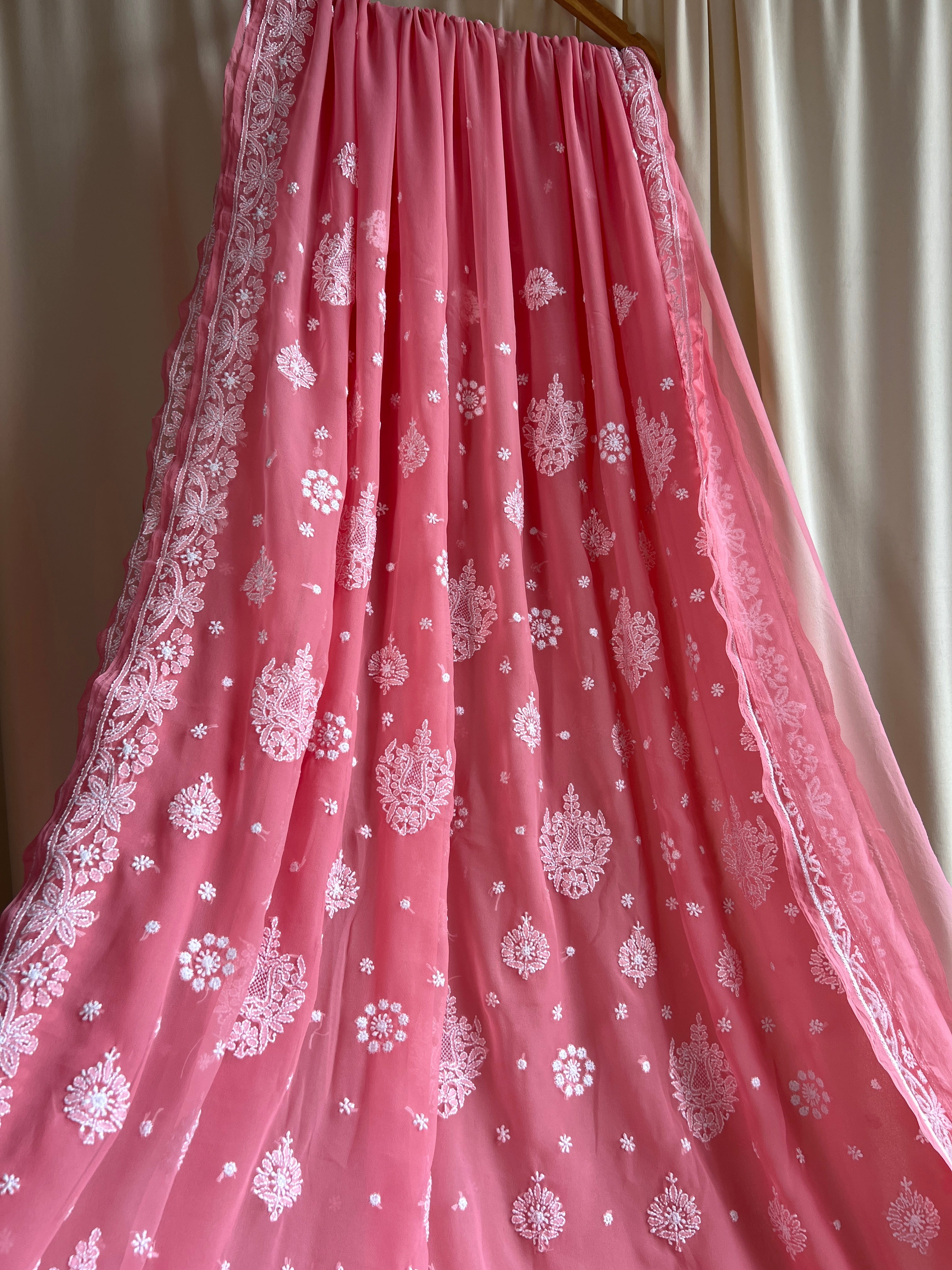 Georgette Chikankari saree in Carrot Pink ARIAA CHIKANKARI