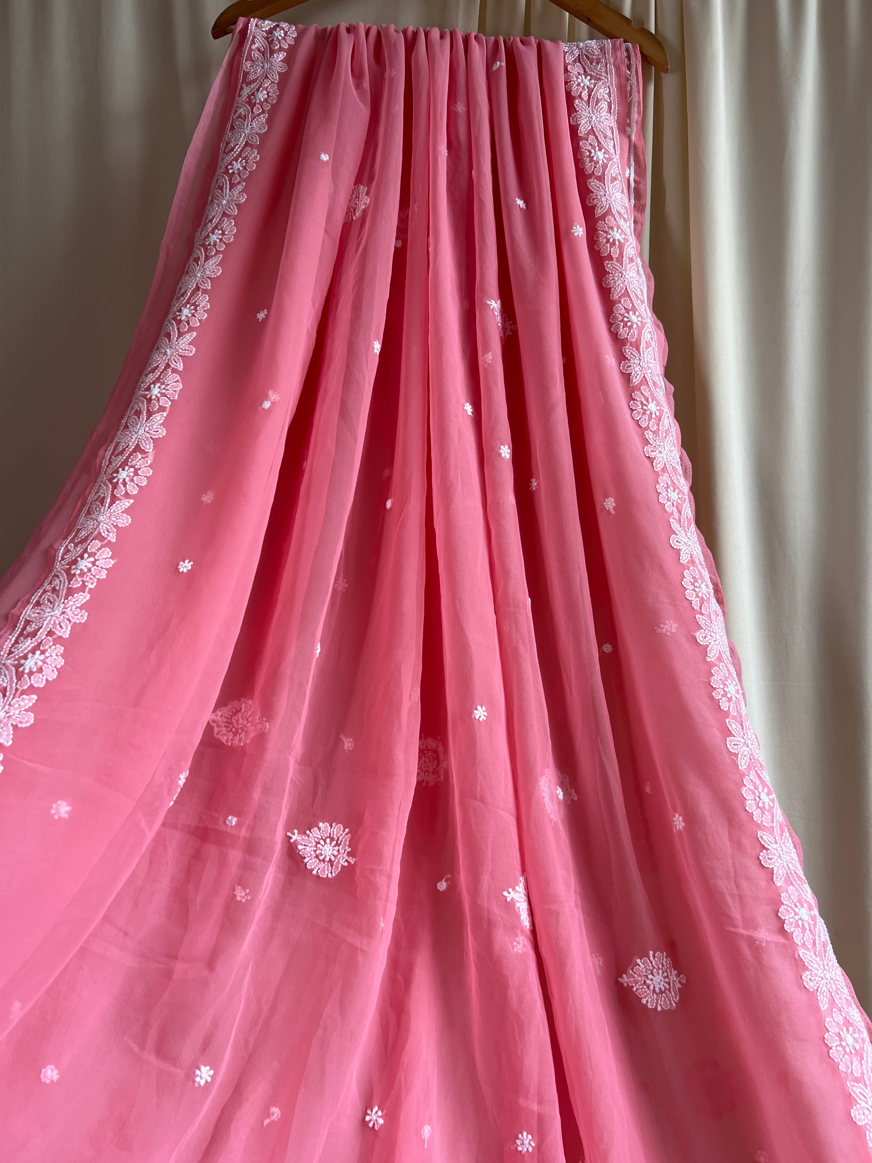 Georgette Chikankari saree in Carrot Pink ARIAA CHIKANKARI