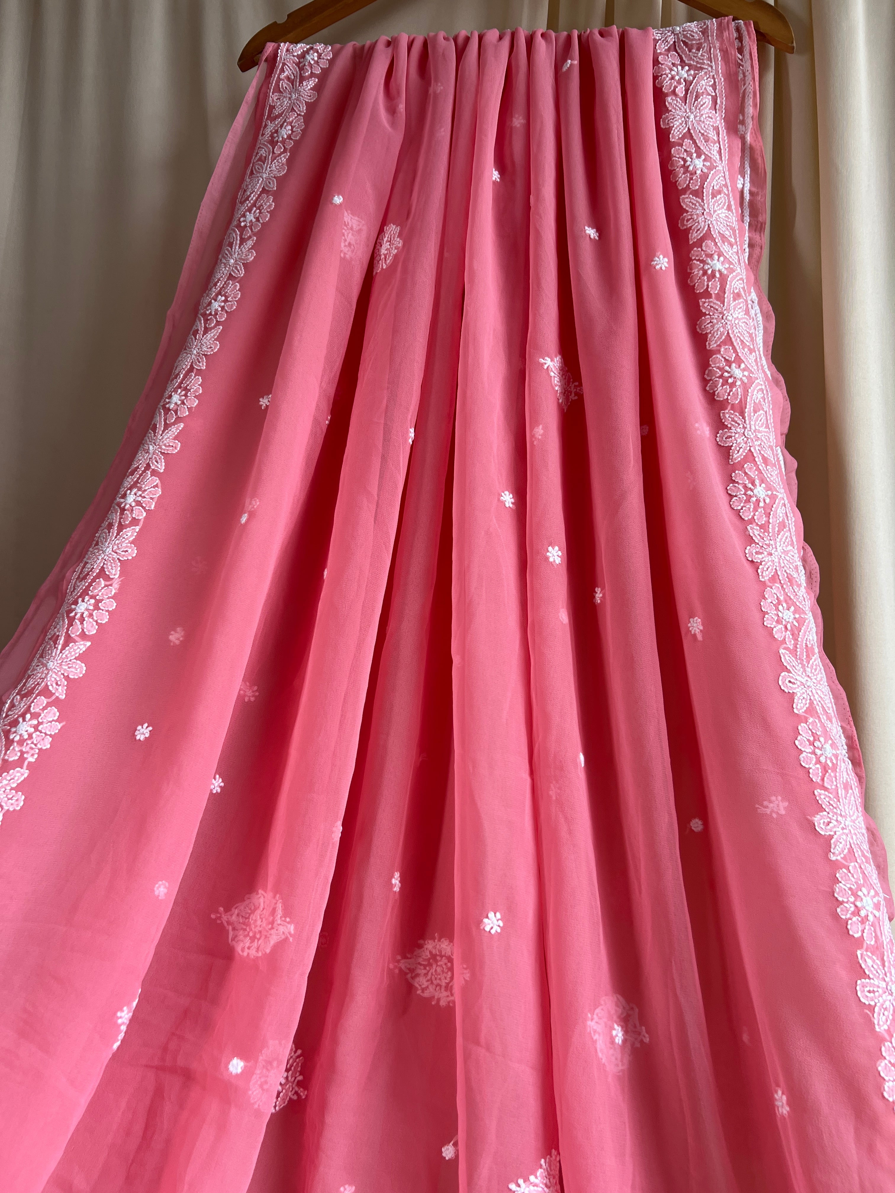 Georgette Chikankari saree in Carrot Pink ARIAA CHIKANKARI