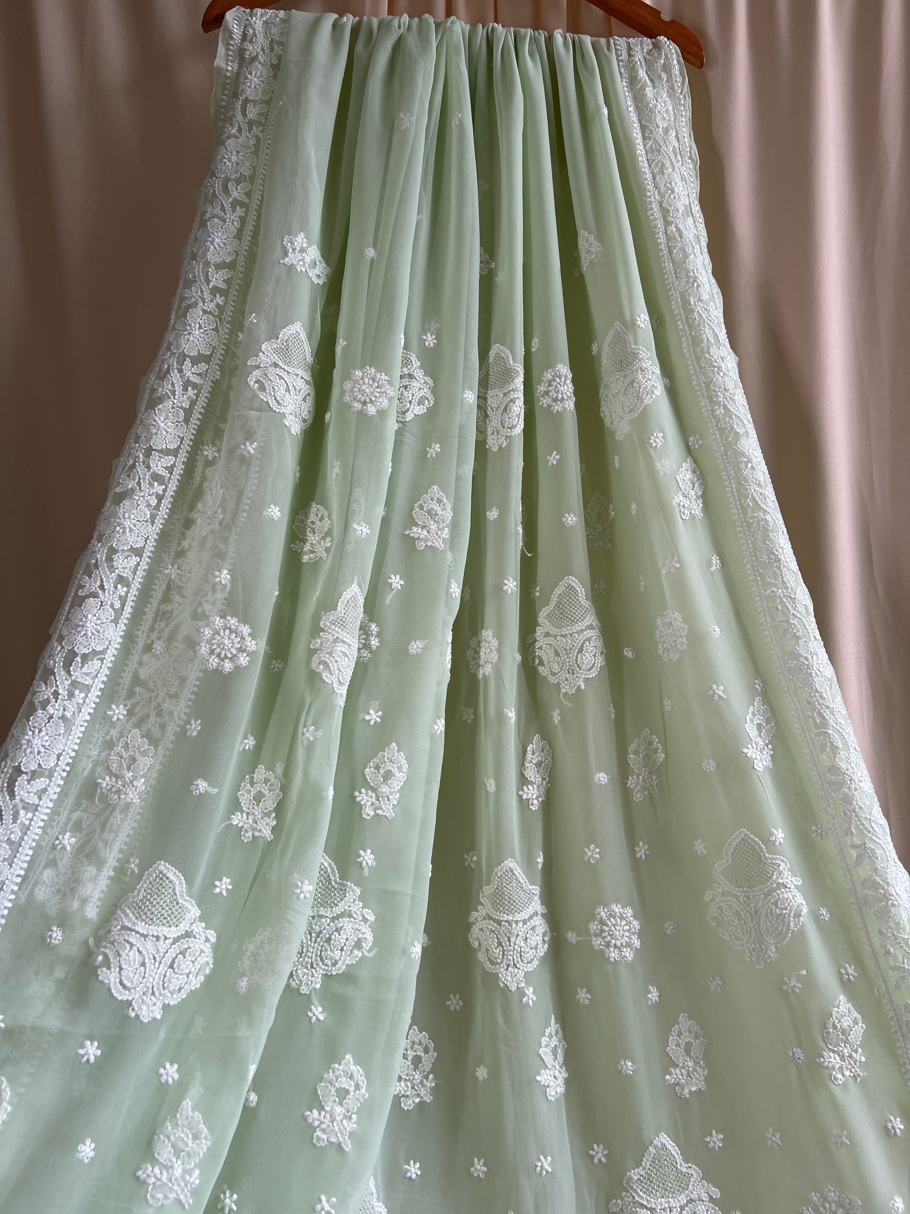 Georgette Chikankari saree in Pistachio ARIAA CHIKANKARI
