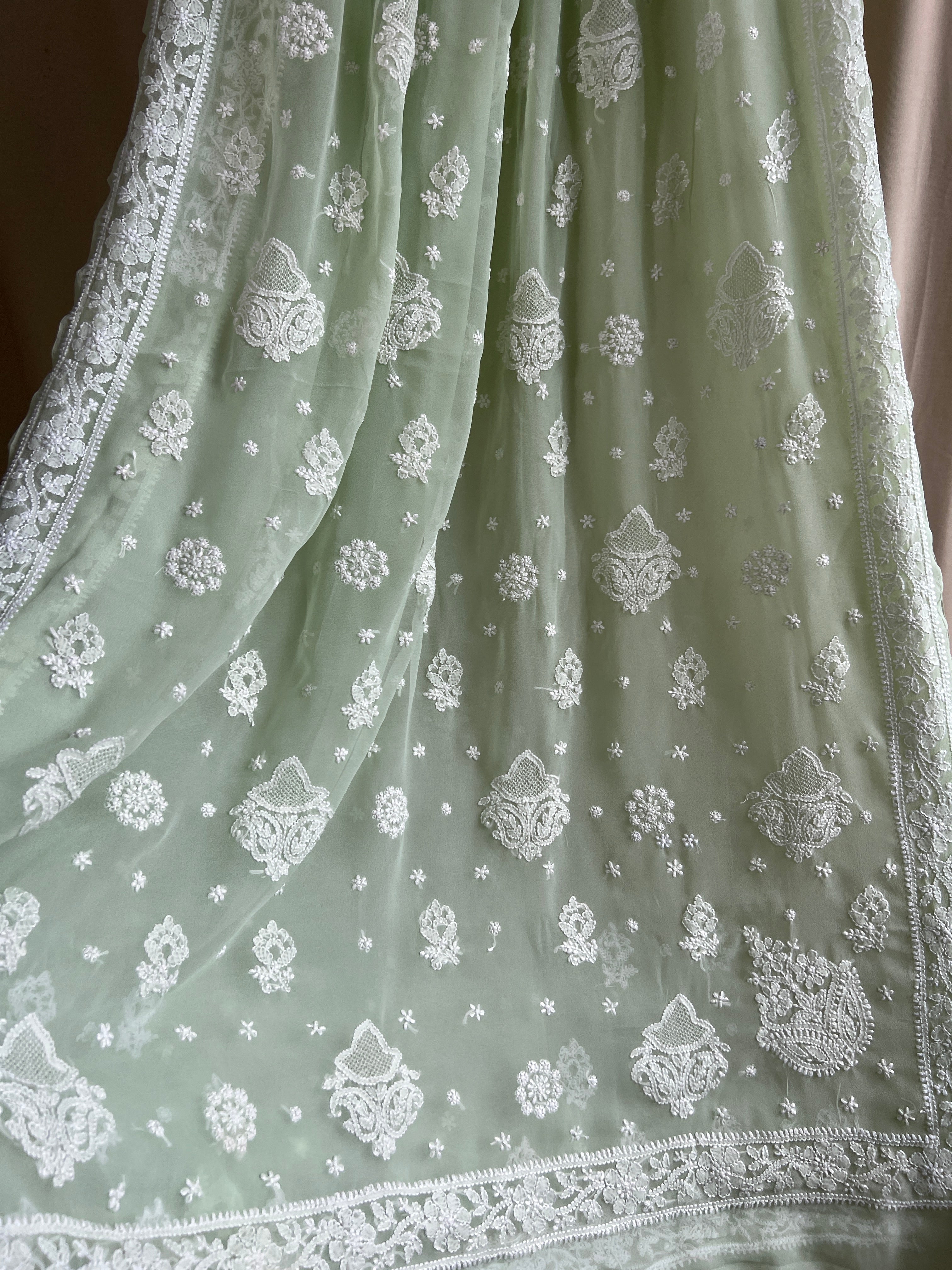 Georgette Chikankari saree in Pistachio ARIAA CHIKANKARI
