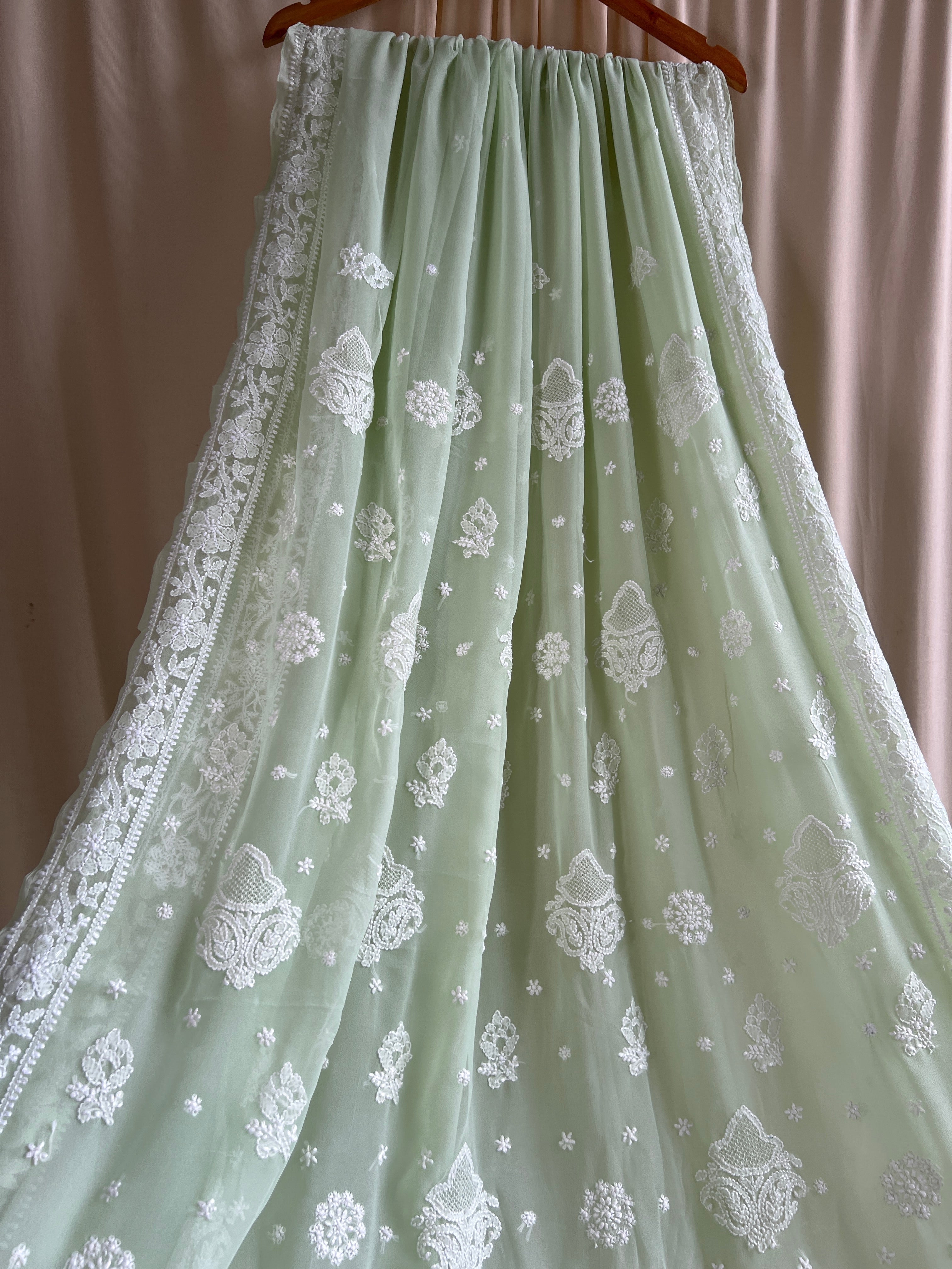 Georgette Chikankari saree in Pistachio ARIAA CHIKANKARI