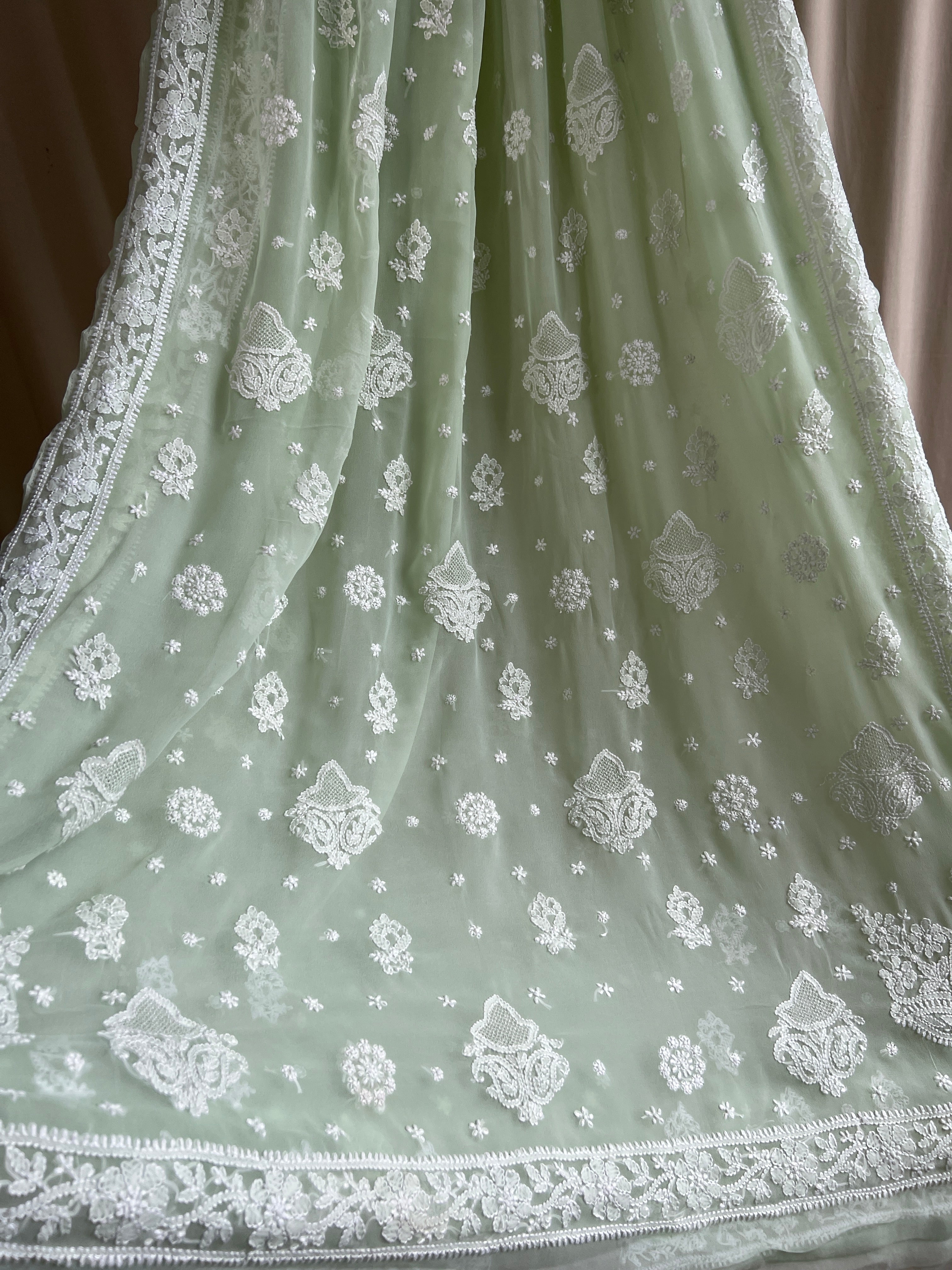 Georgette Chikankari saree in Pistachio ARIAA CHIKANKARI