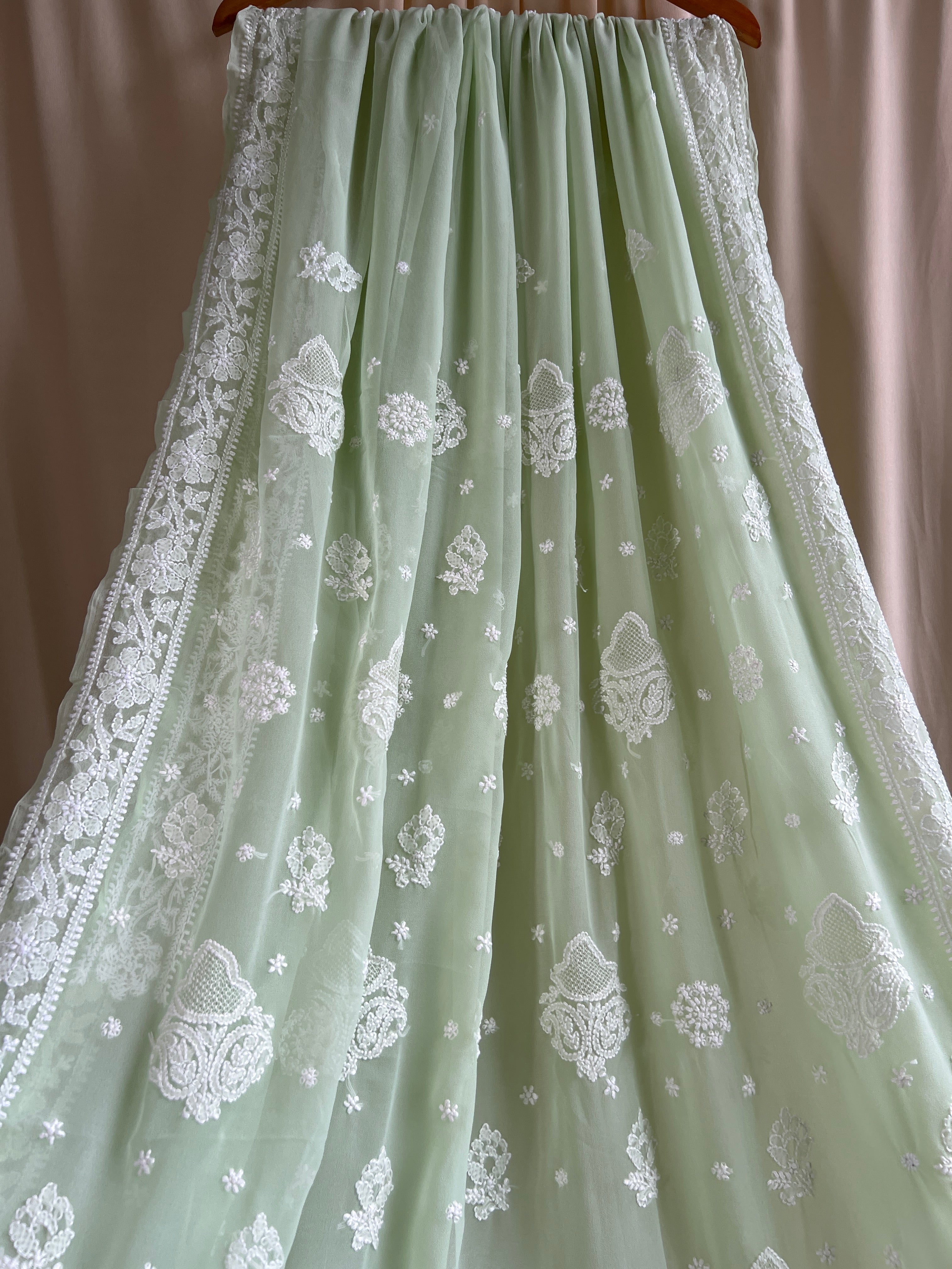 Georgette Chikankari saree in Pistachio ARIAA CHIKANKARI