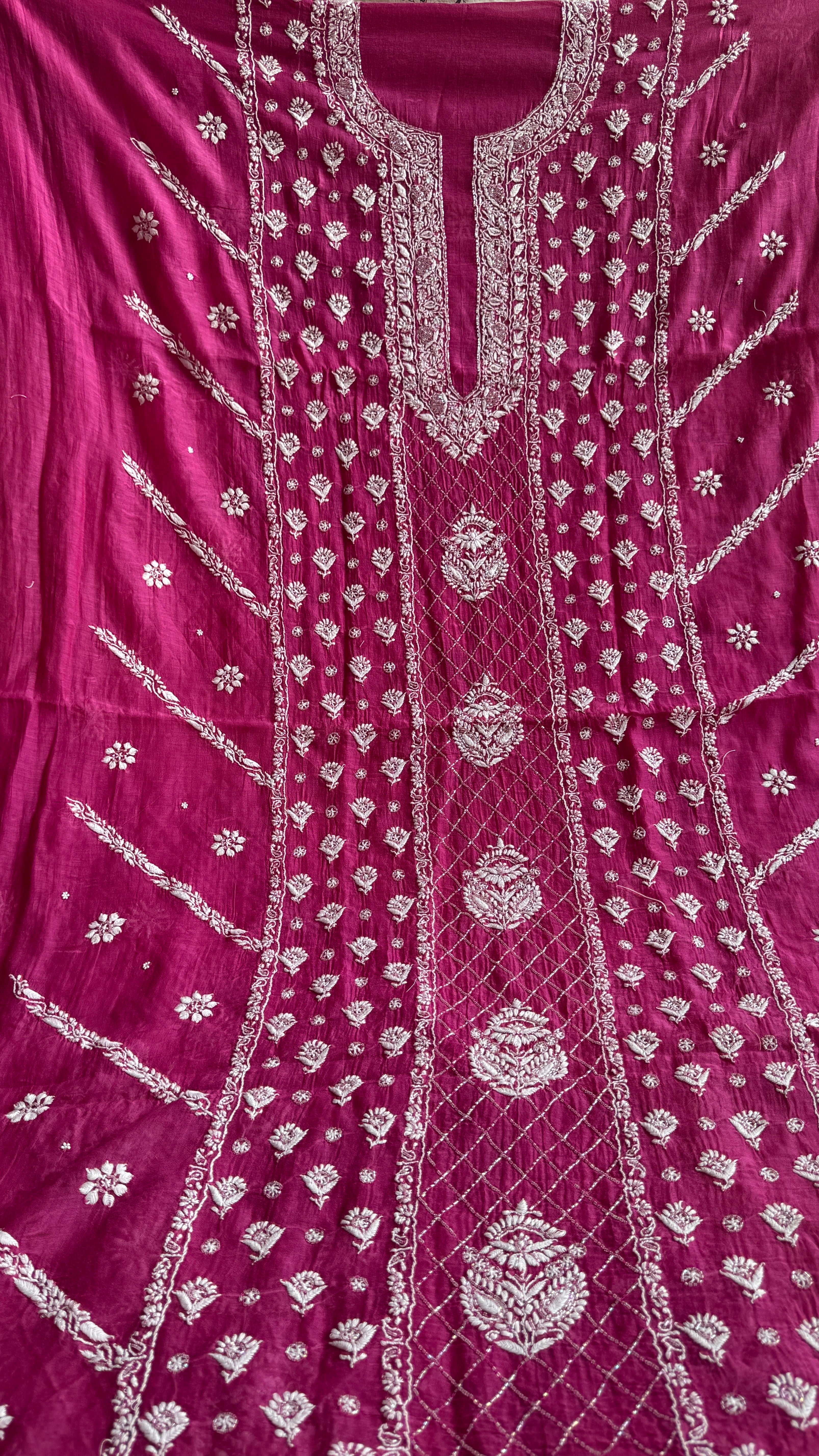 Mul Chanderi Chikankari - Heavy Unstitched Set - Berry Pink