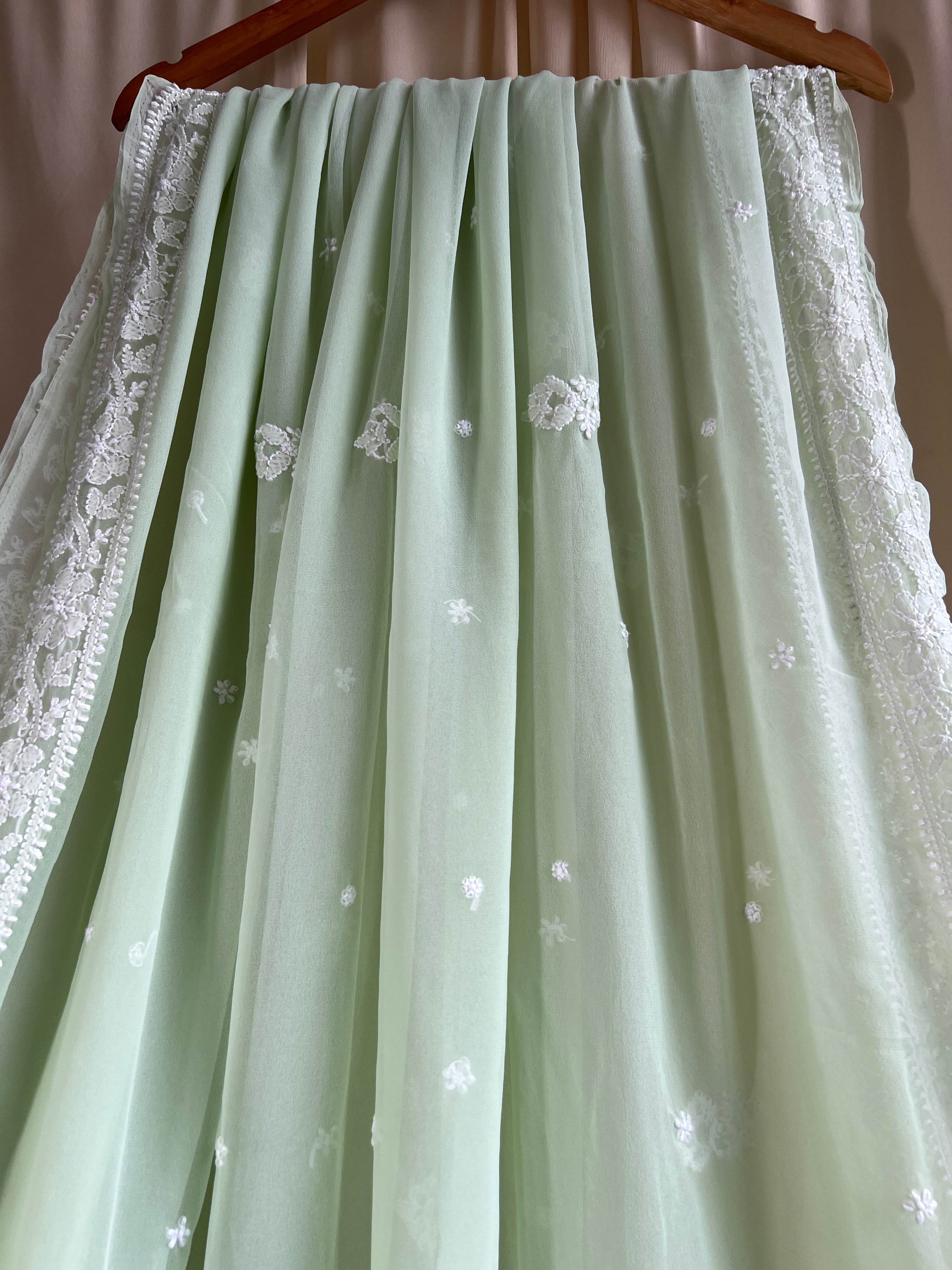 Georgette Chikankari saree in Pistachio ARIAA CHIKANKARI