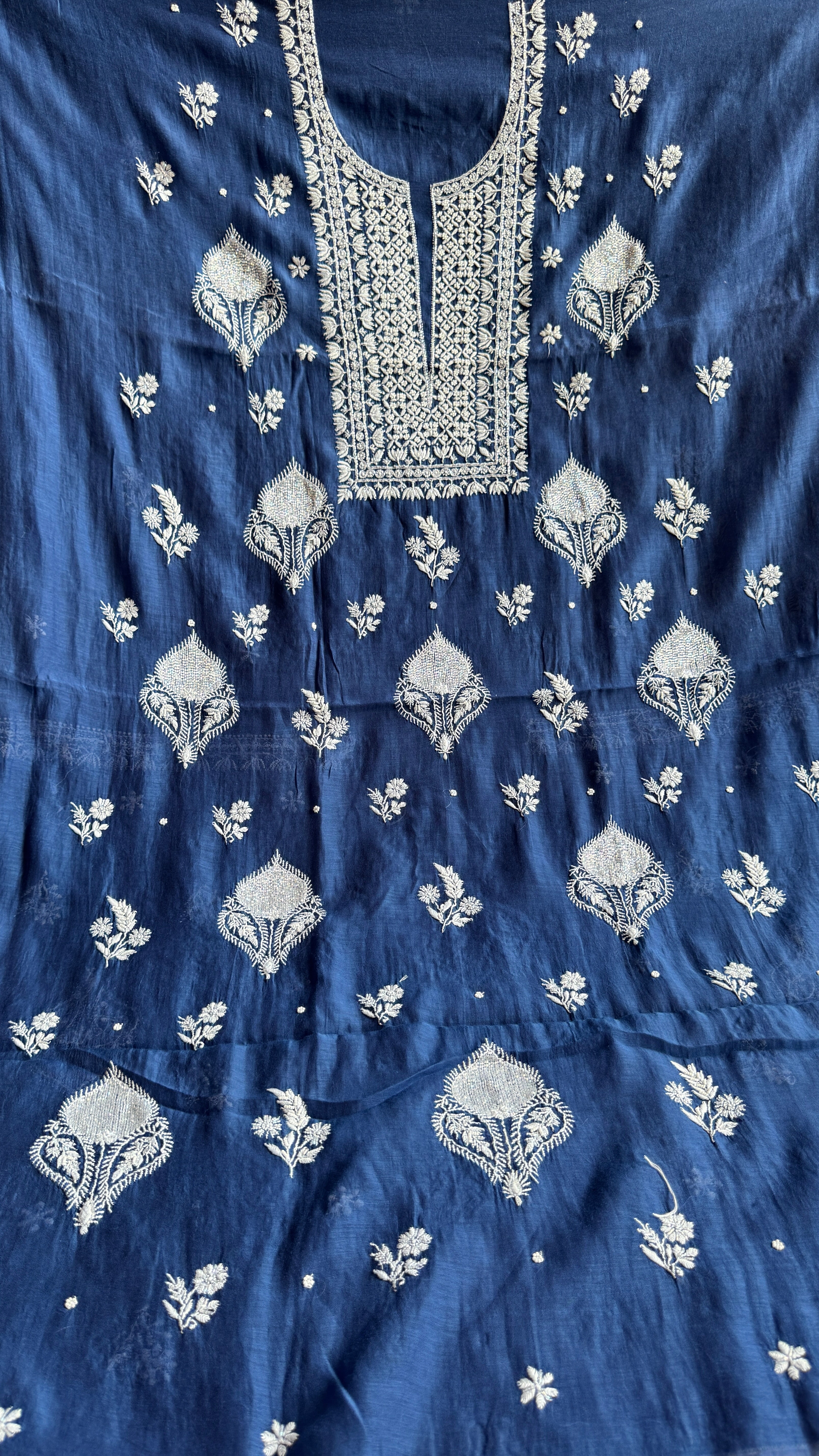 Mul Chanderi Chikankari - Heavy Unstitched Set - Navy Blue