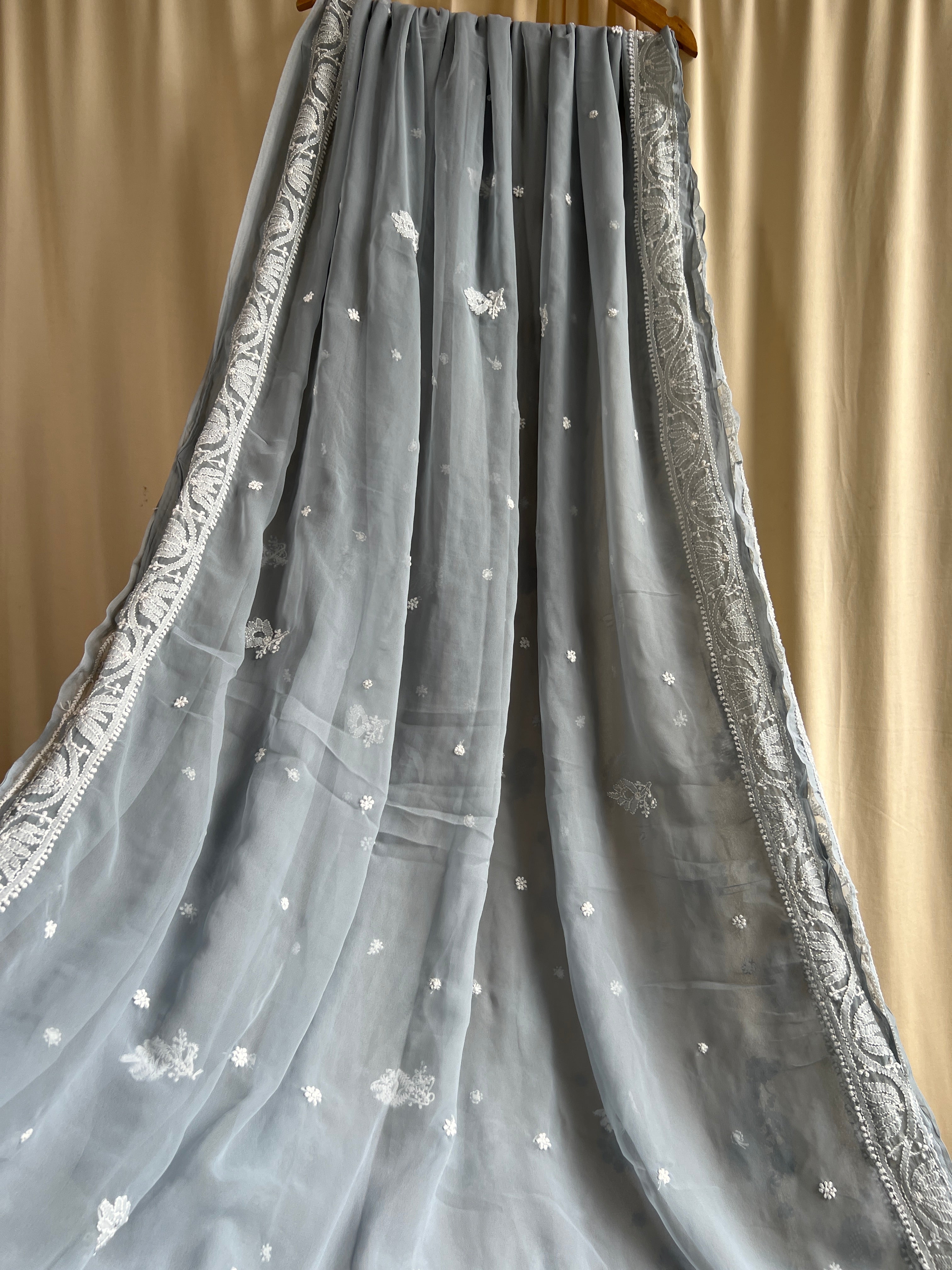 Georgette Chikankari saree in Grey ARIAA CHIKANKARI