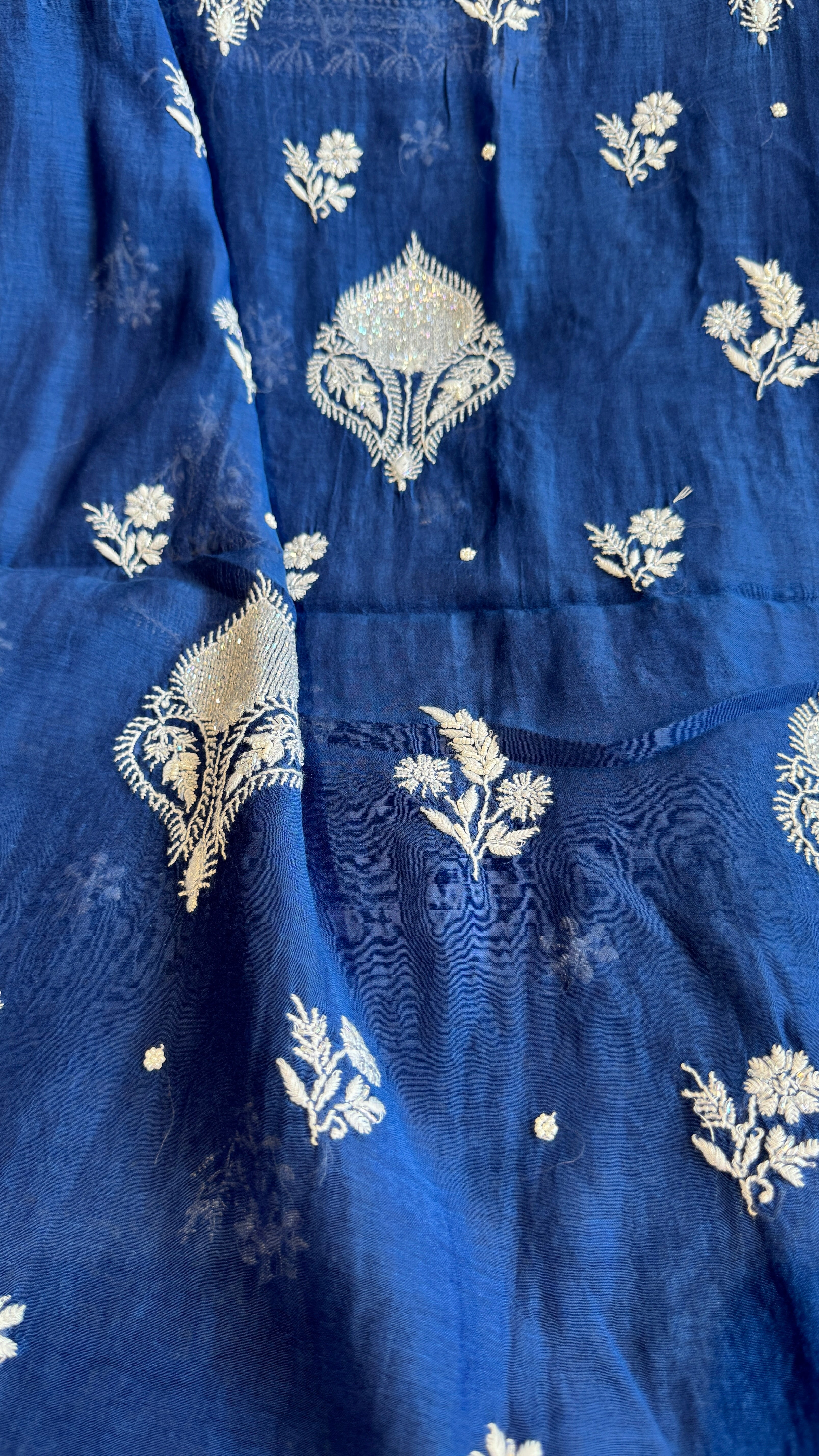 Mul Chanderi Chikankari - Heavy Unstitched Set - Navy Blue