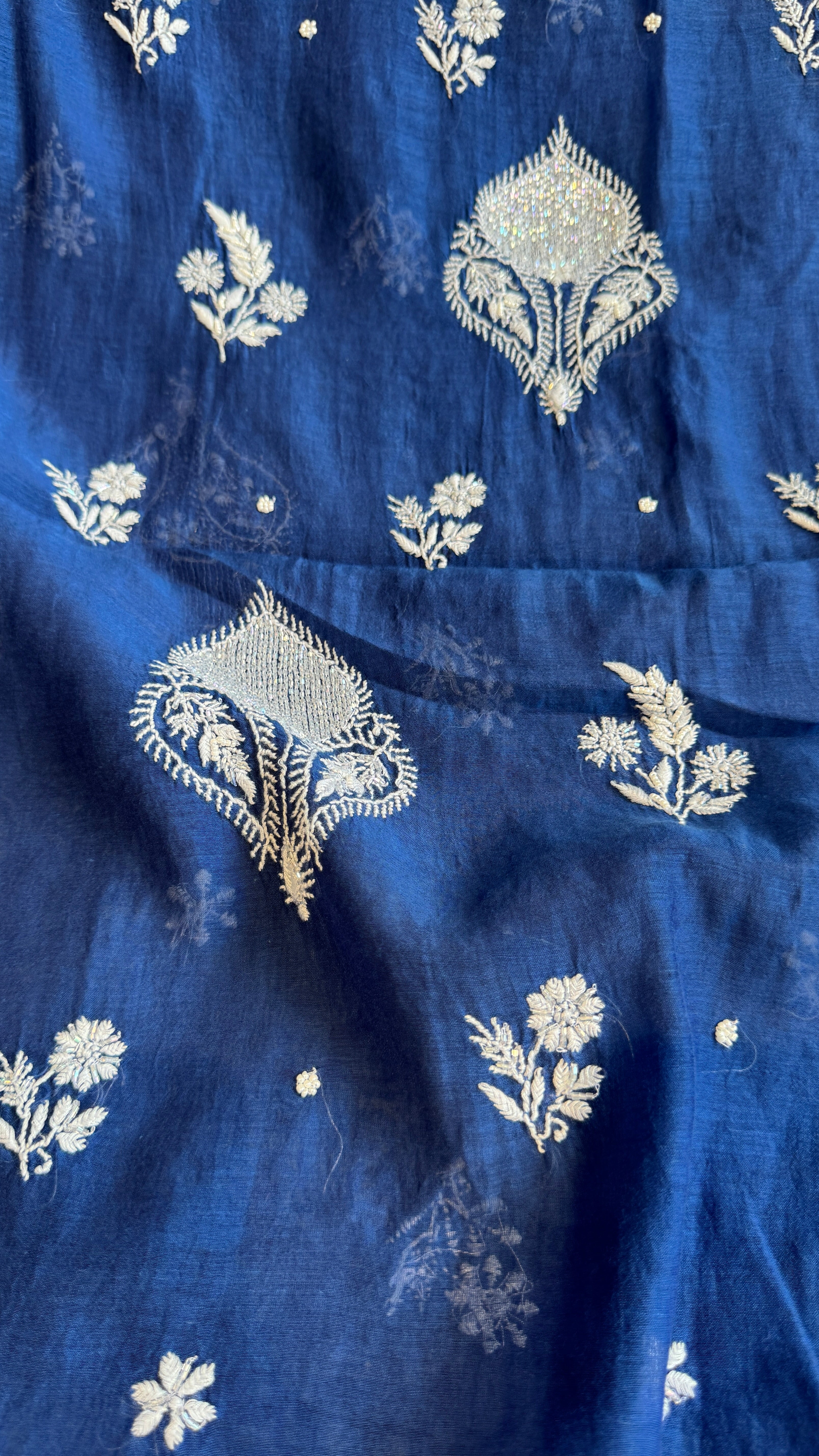 Mul Chanderi Chikankari - Heavy Unstitched Set - Navy Blue