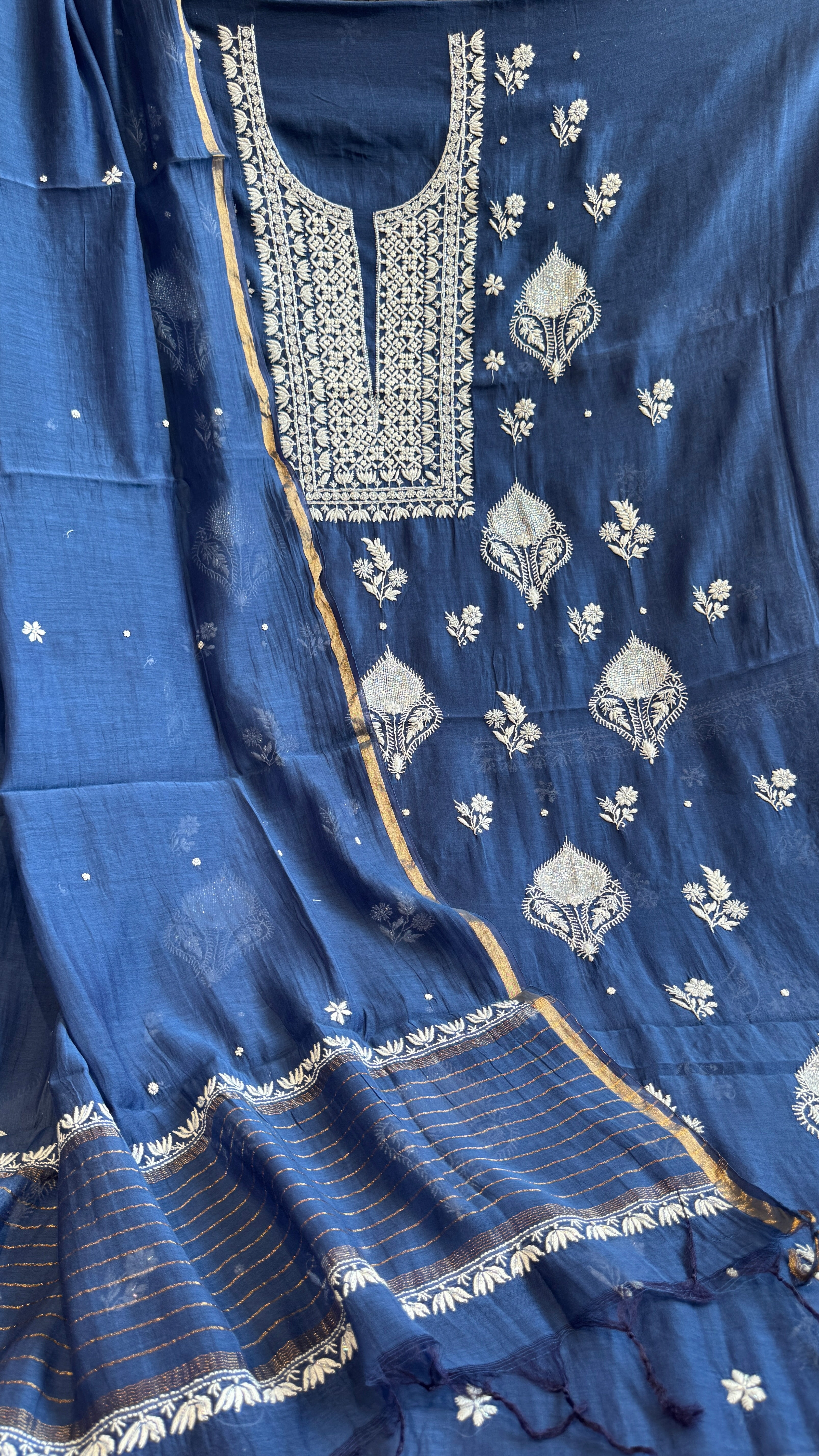 Mul Chanderi Chikankari - Heavy Unstitched Set - Navy Blue