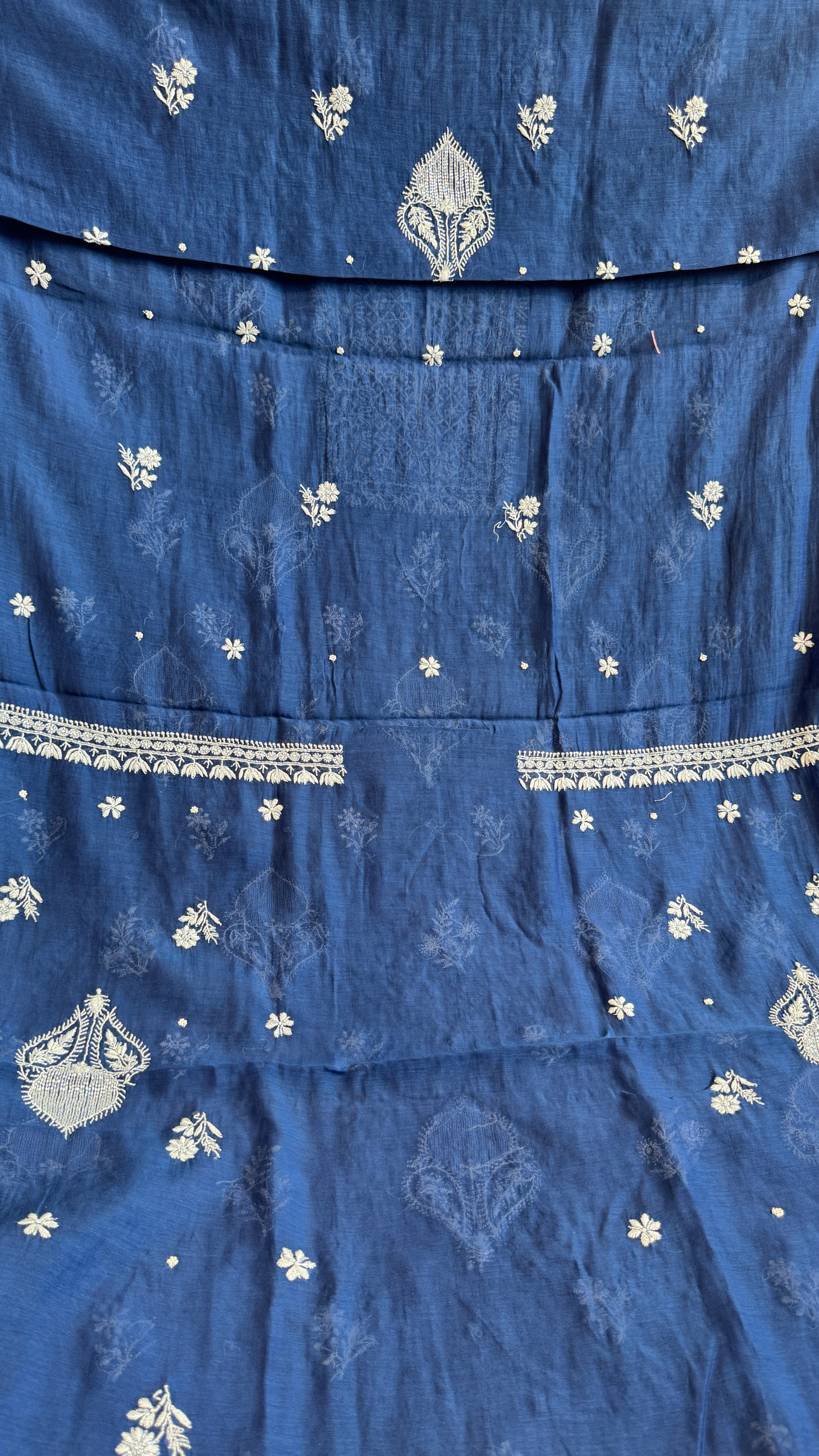 Mul Chanderi Chikankari - Heavy Unstitched Set - Navy Blue
