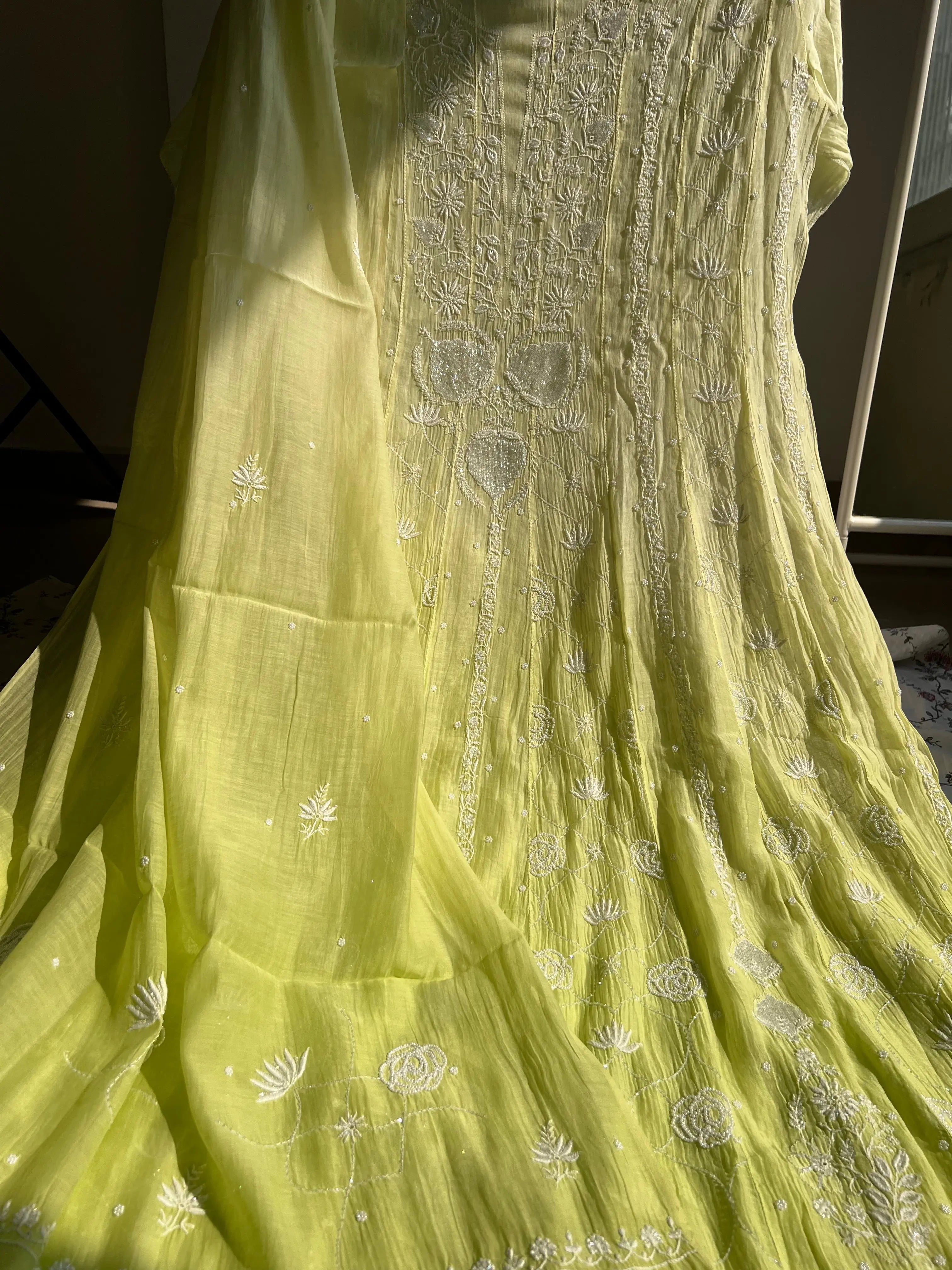 Mul Chanderi Chikankari Anarkali - Green ARIAA CHIKANKARI