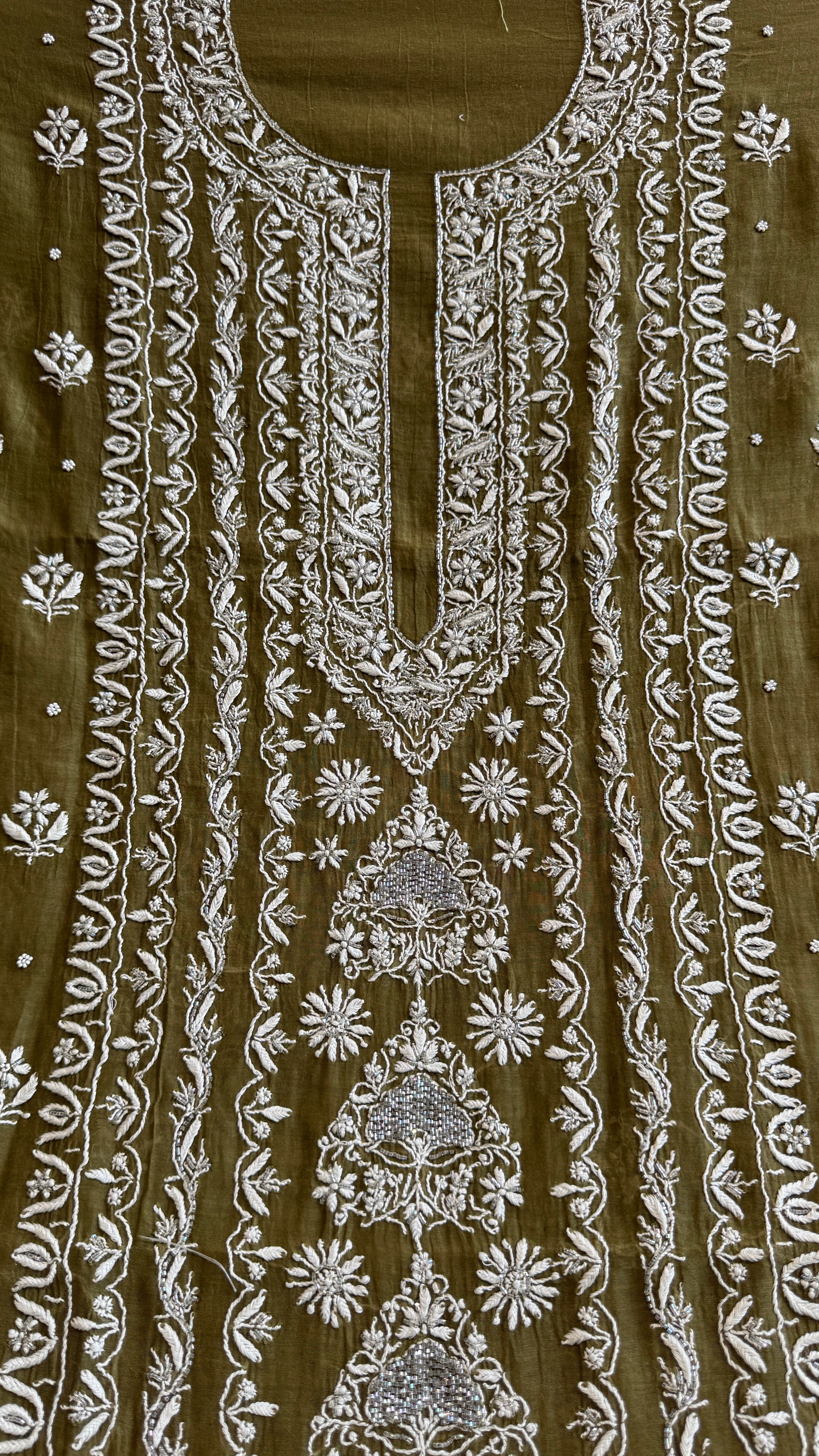 Mul Chanderi Chikankari - Heavy Unstitched Set - Mehandi Green