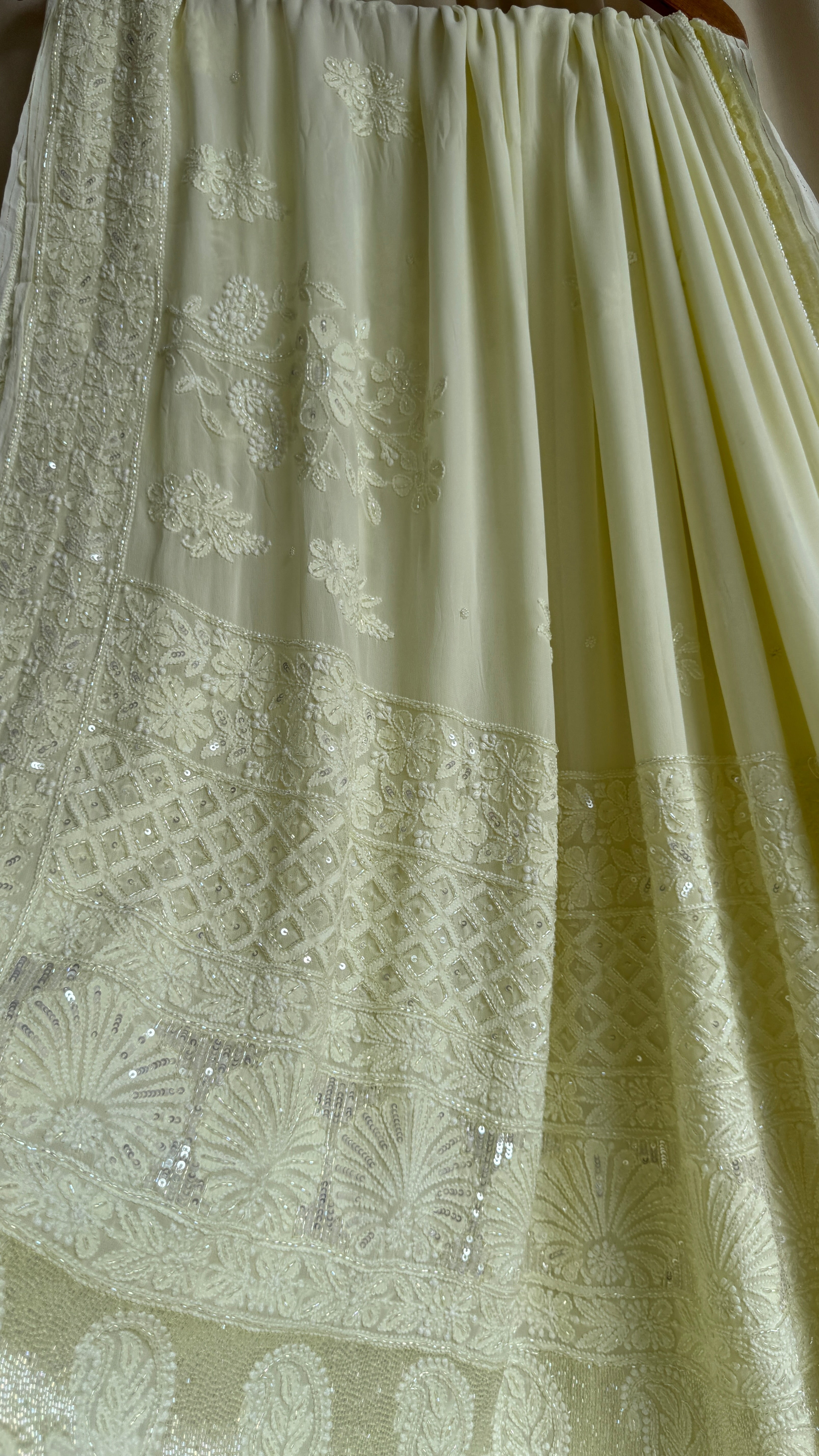 Viscose Chikankari saree with Pearl embellishments - Lemon Yellow