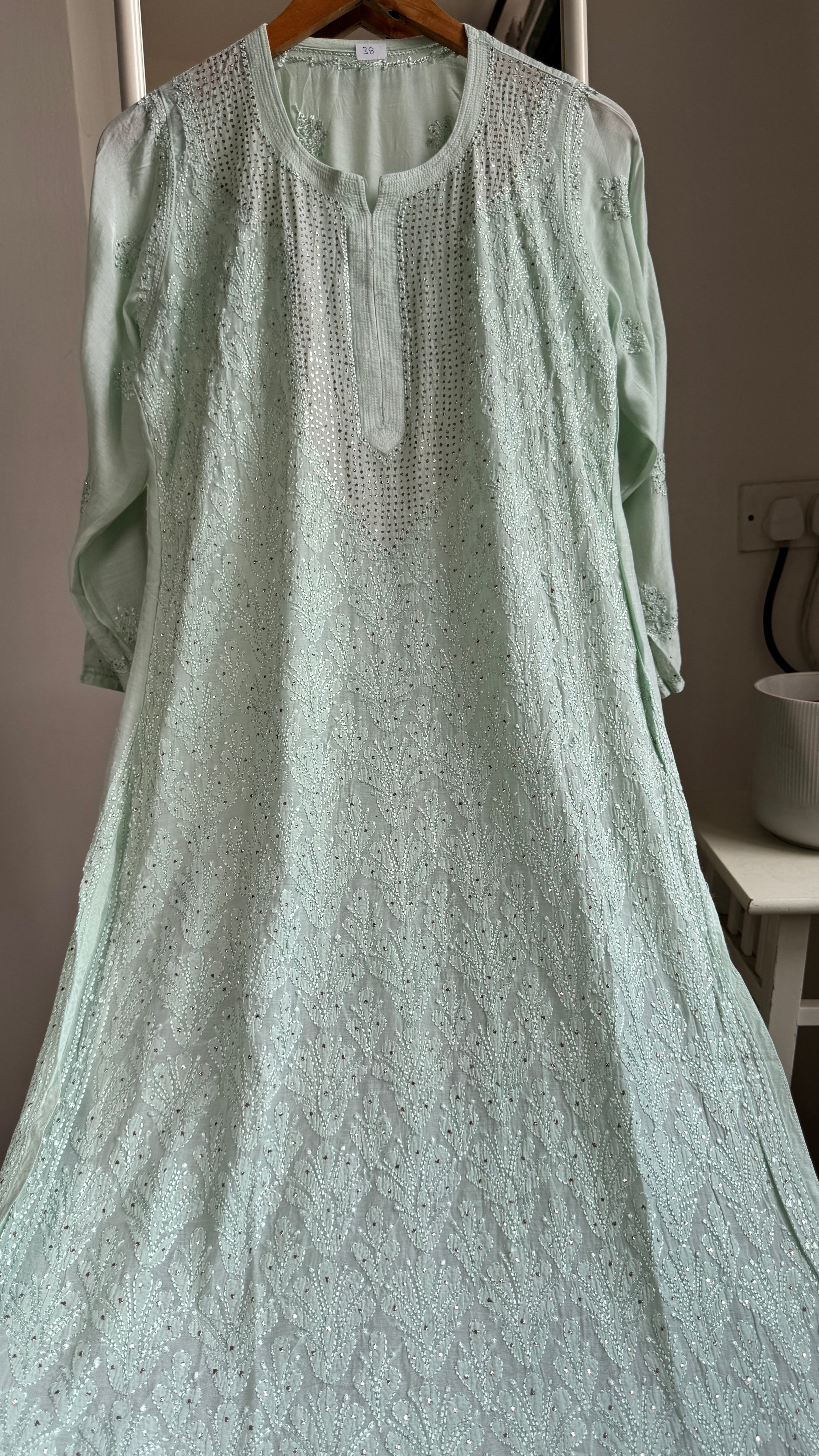 Muslin Chikankari Full Jaal Kurti with Mukaish work - Pistachio Green - Aayat Collection