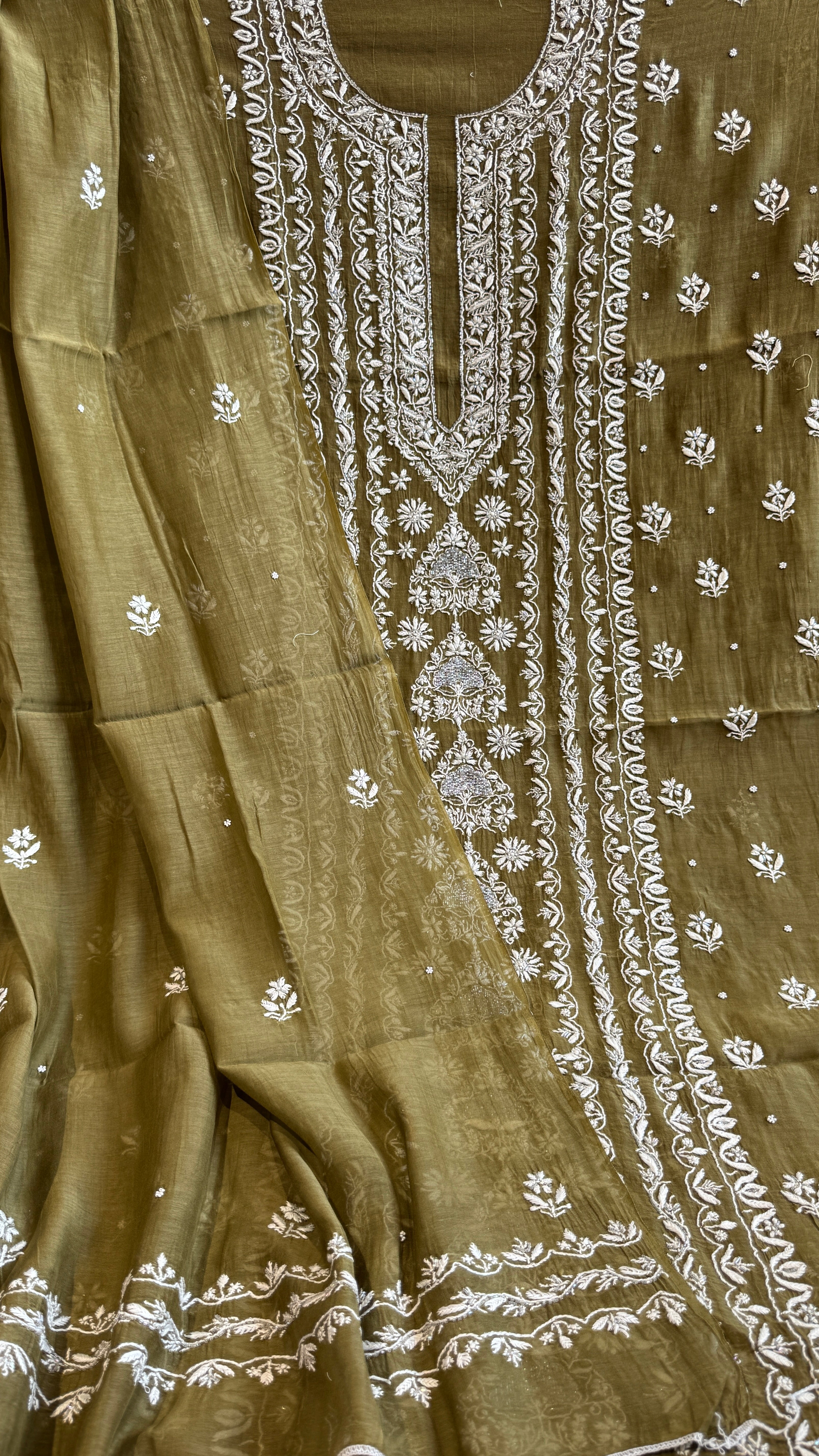 Mul Chanderi Chikankari - Heavy Unstitched Set - Mehandi Green