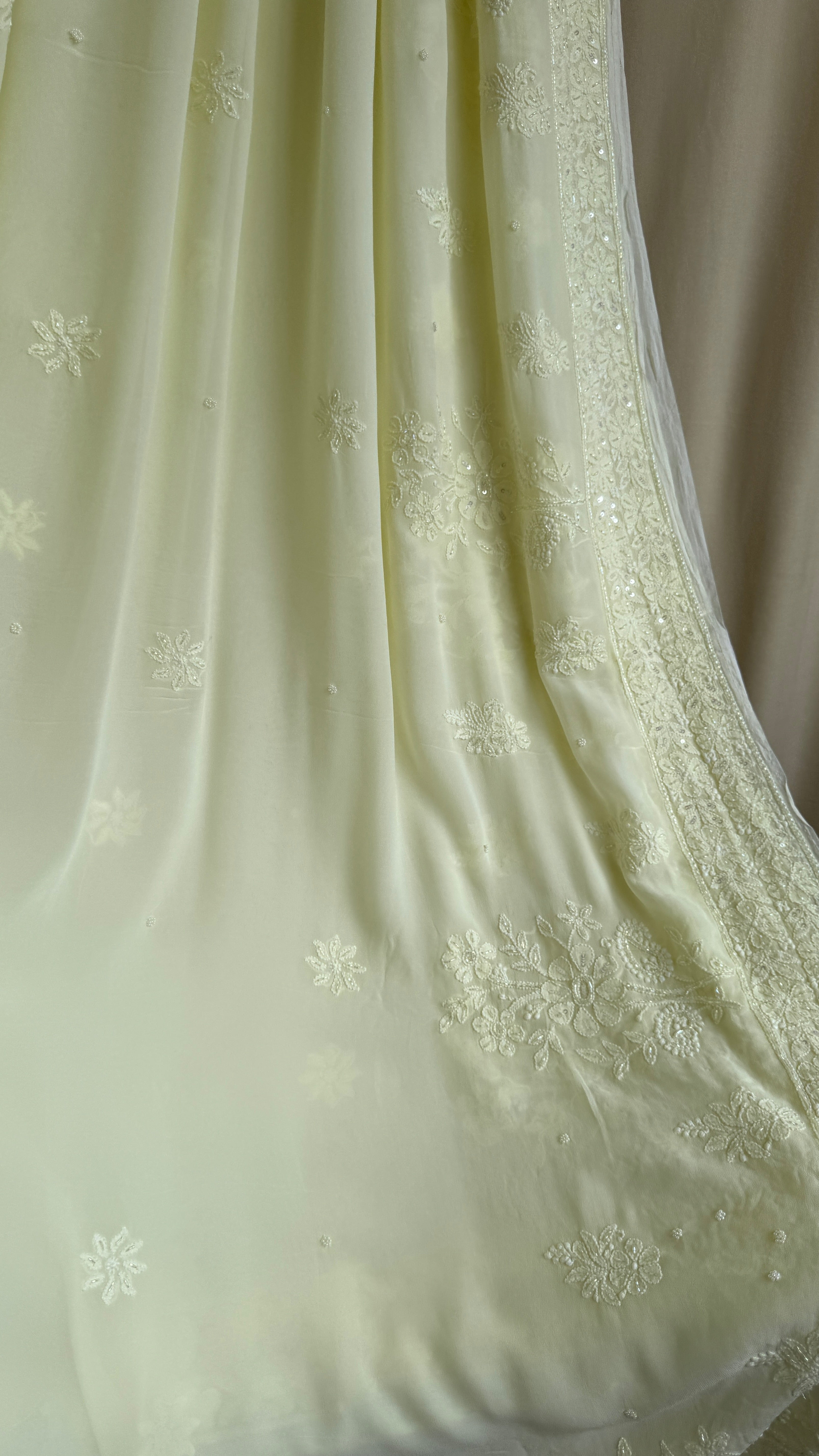 Viscose Chikankari saree with Pearl embellishments - Lemon Yellow