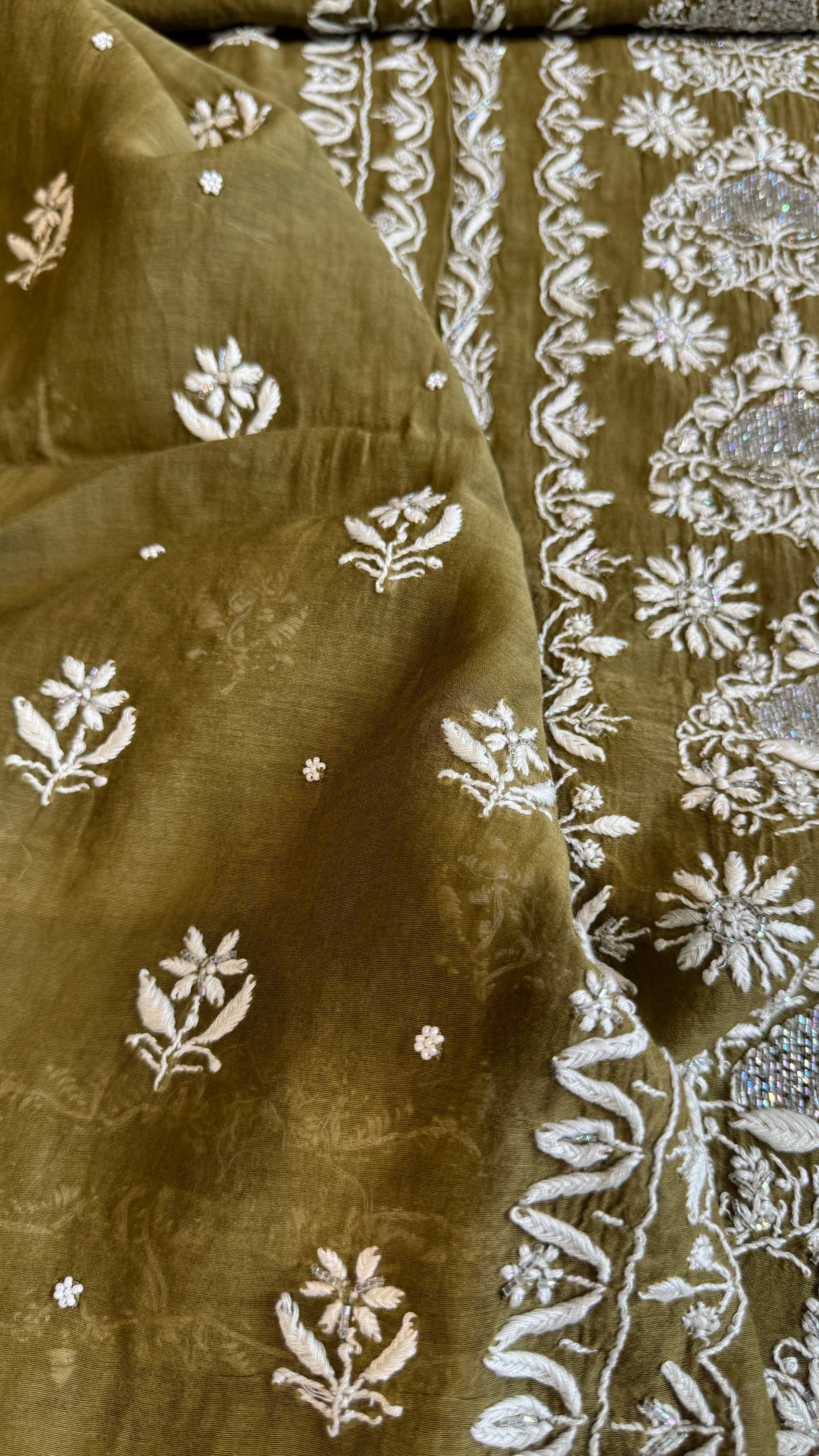 Mul Chanderi Chikankari - Heavy Unstitched Set - Mehandi Green