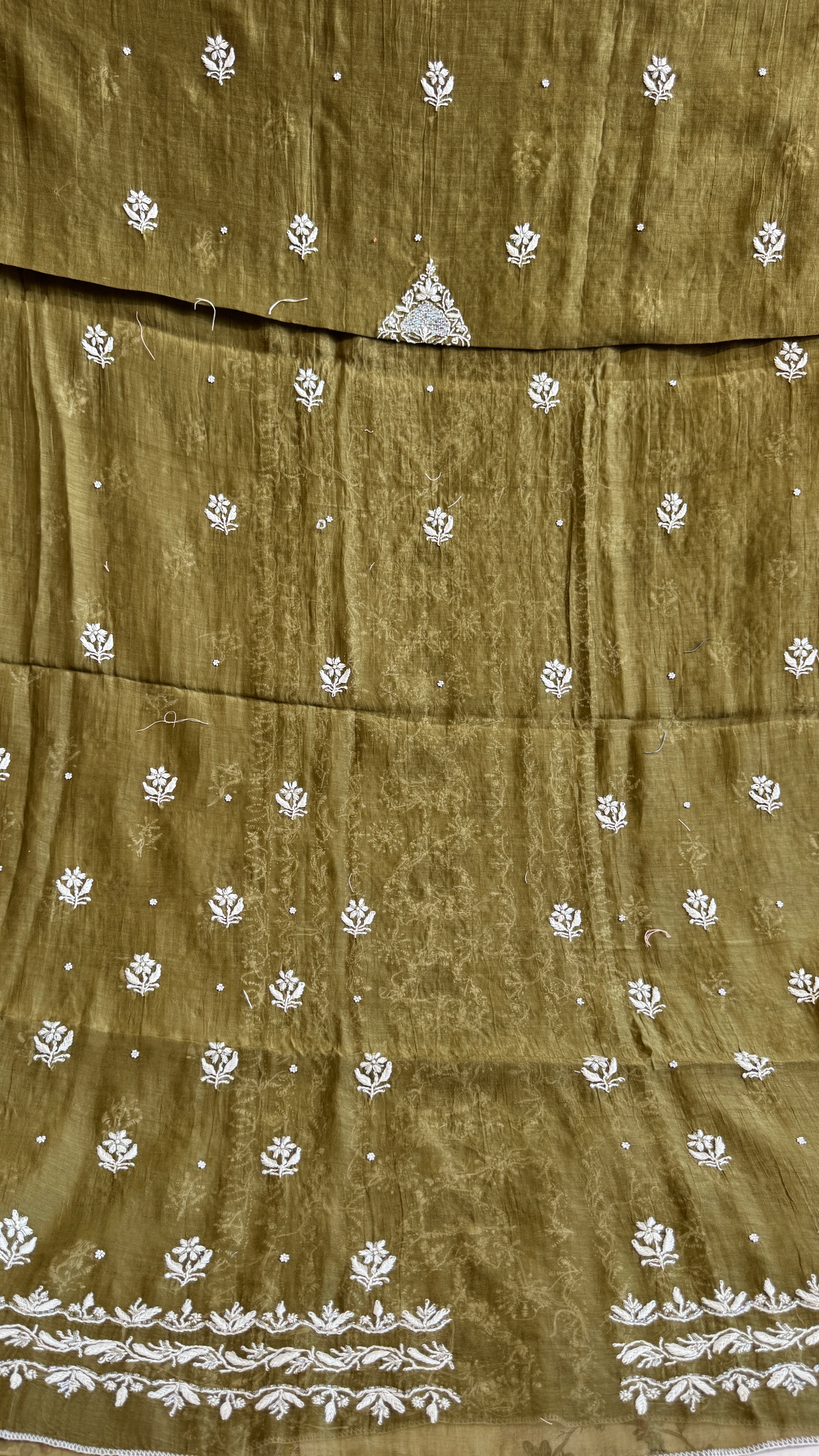 Mul Chanderi Chikankari - Heavy Unstitched Set - Mehandi Green