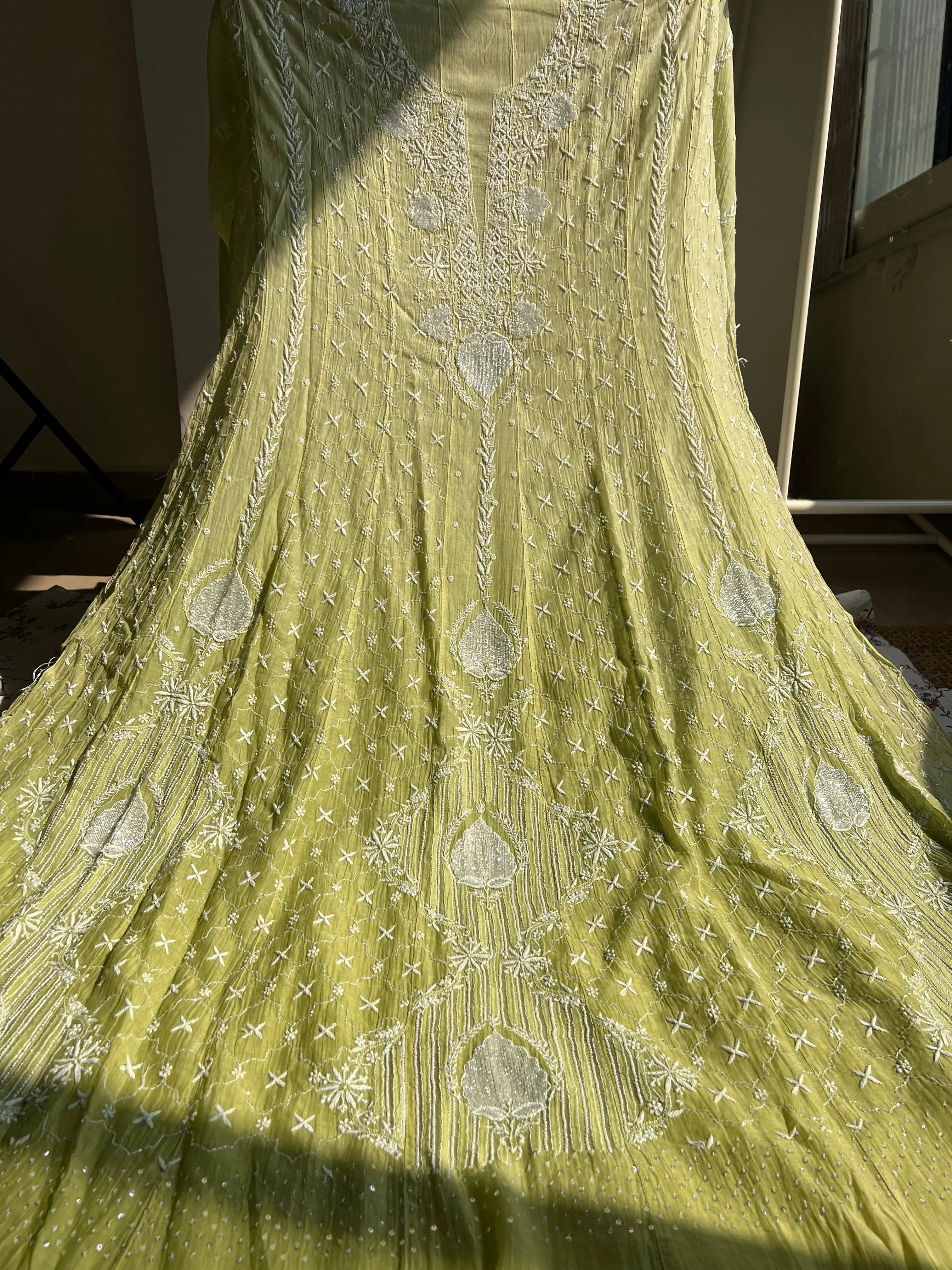 Mul Chanderi Chikankari Anarkali - Mehandi Green ARIAA CHIKANKARI