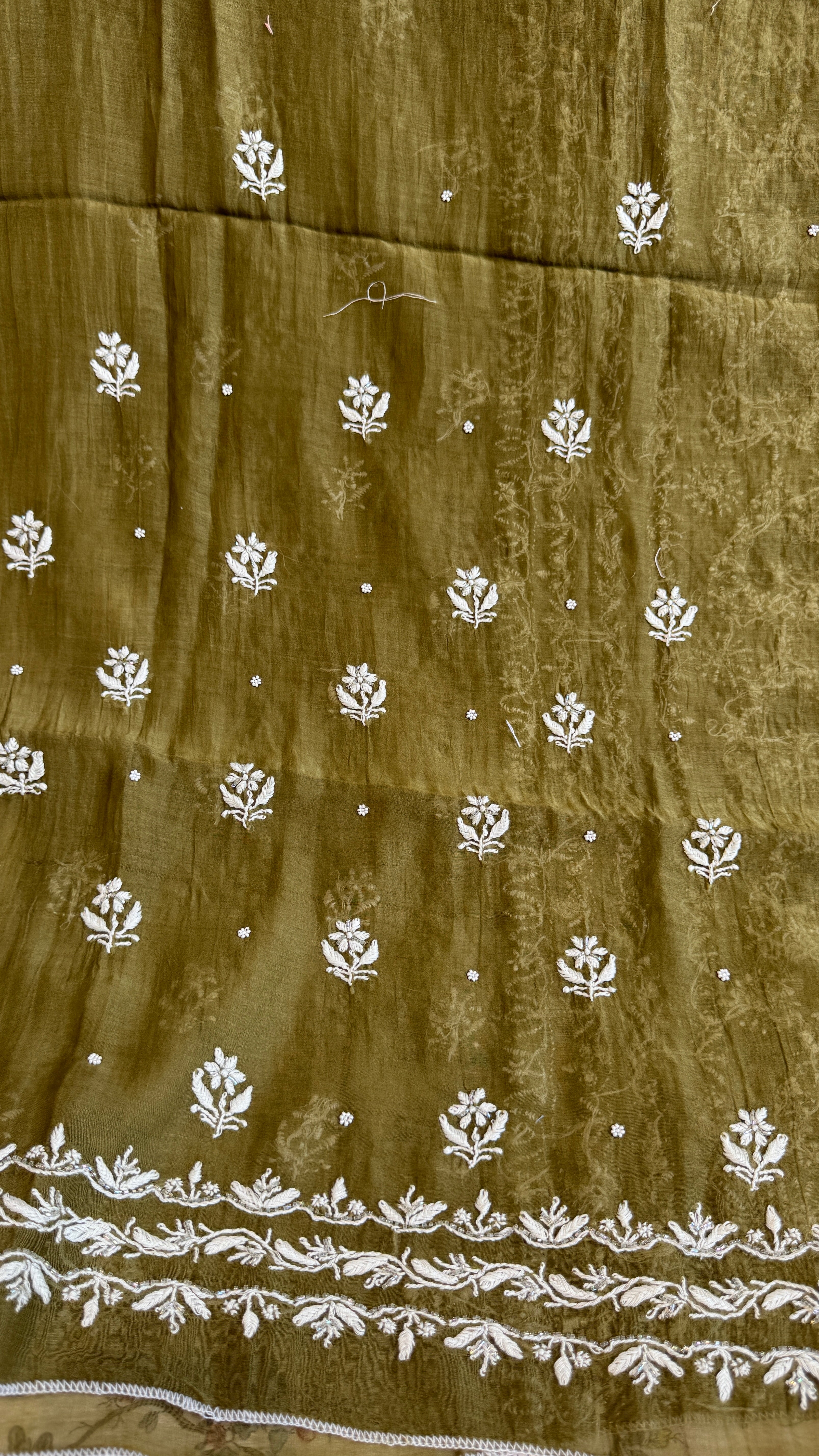 Mul Chanderi Chikankari - Heavy Unstitched Set - Mehandi Green