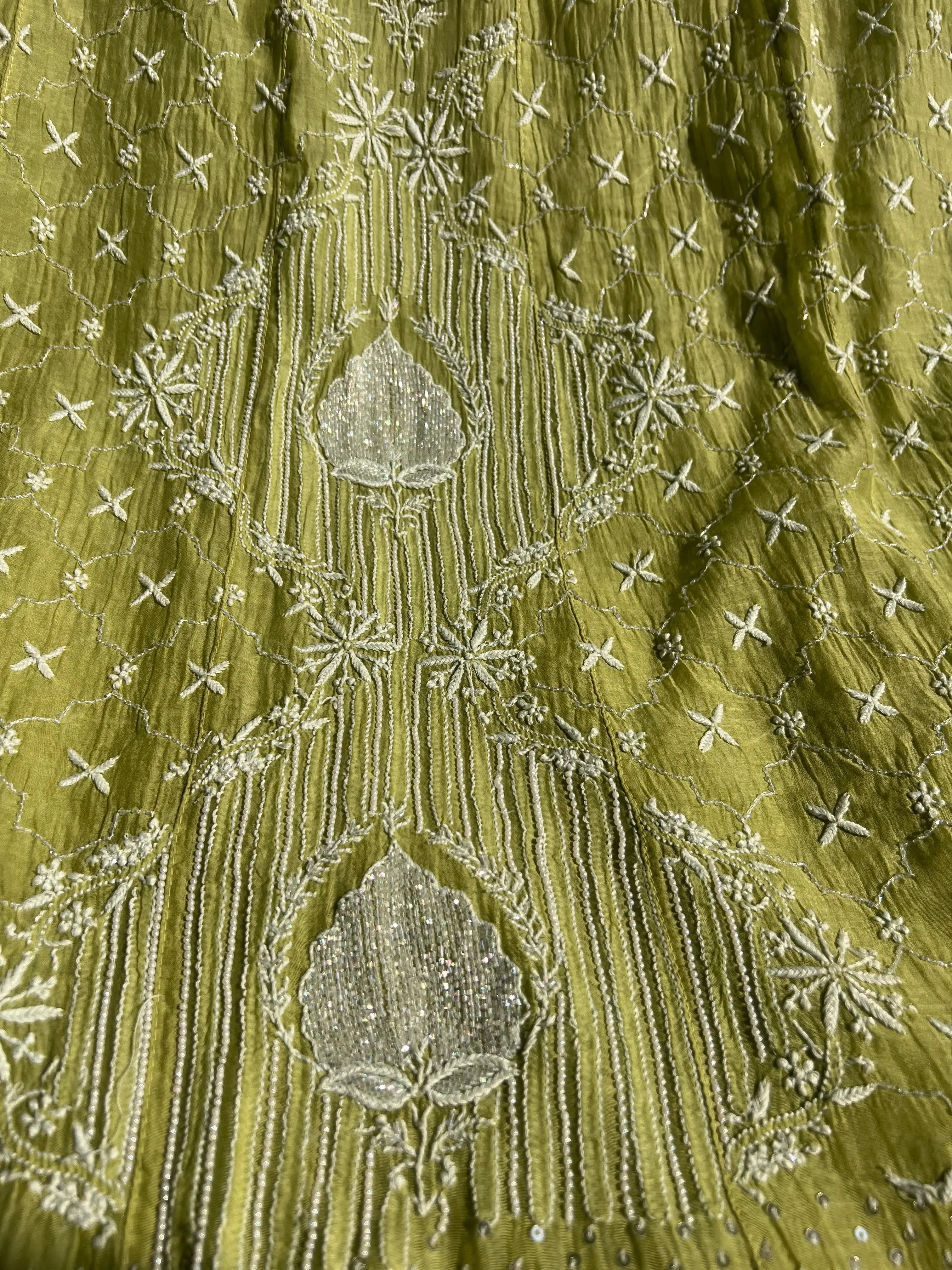 Mul Chanderi Chikankari Anarkali - Mehandi Green ARIAA CHIKANKARI