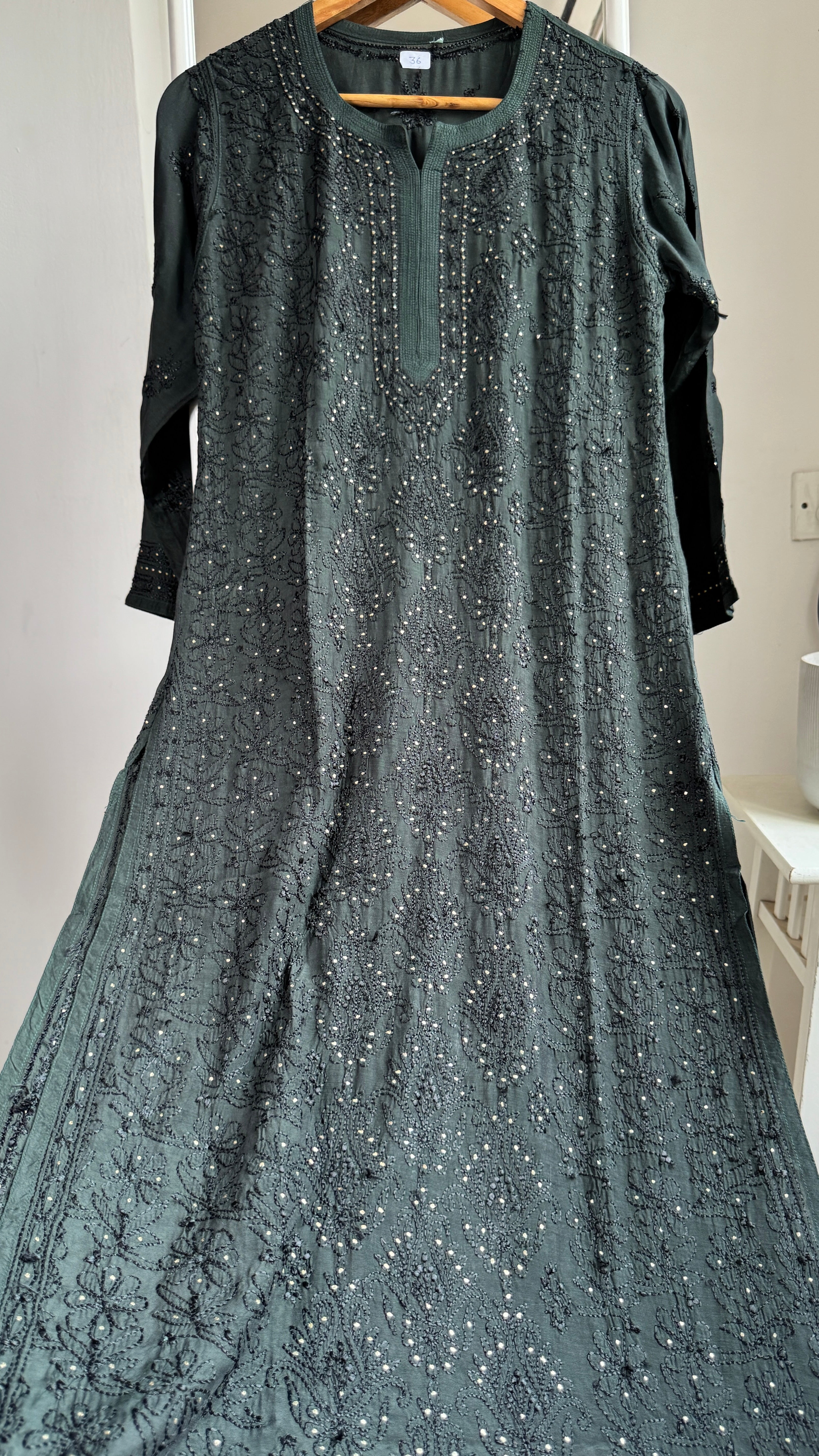 Muslin Chikankari Full Jaal Kurti with Mukaish work - Dark Pine Green - Aayat Collection