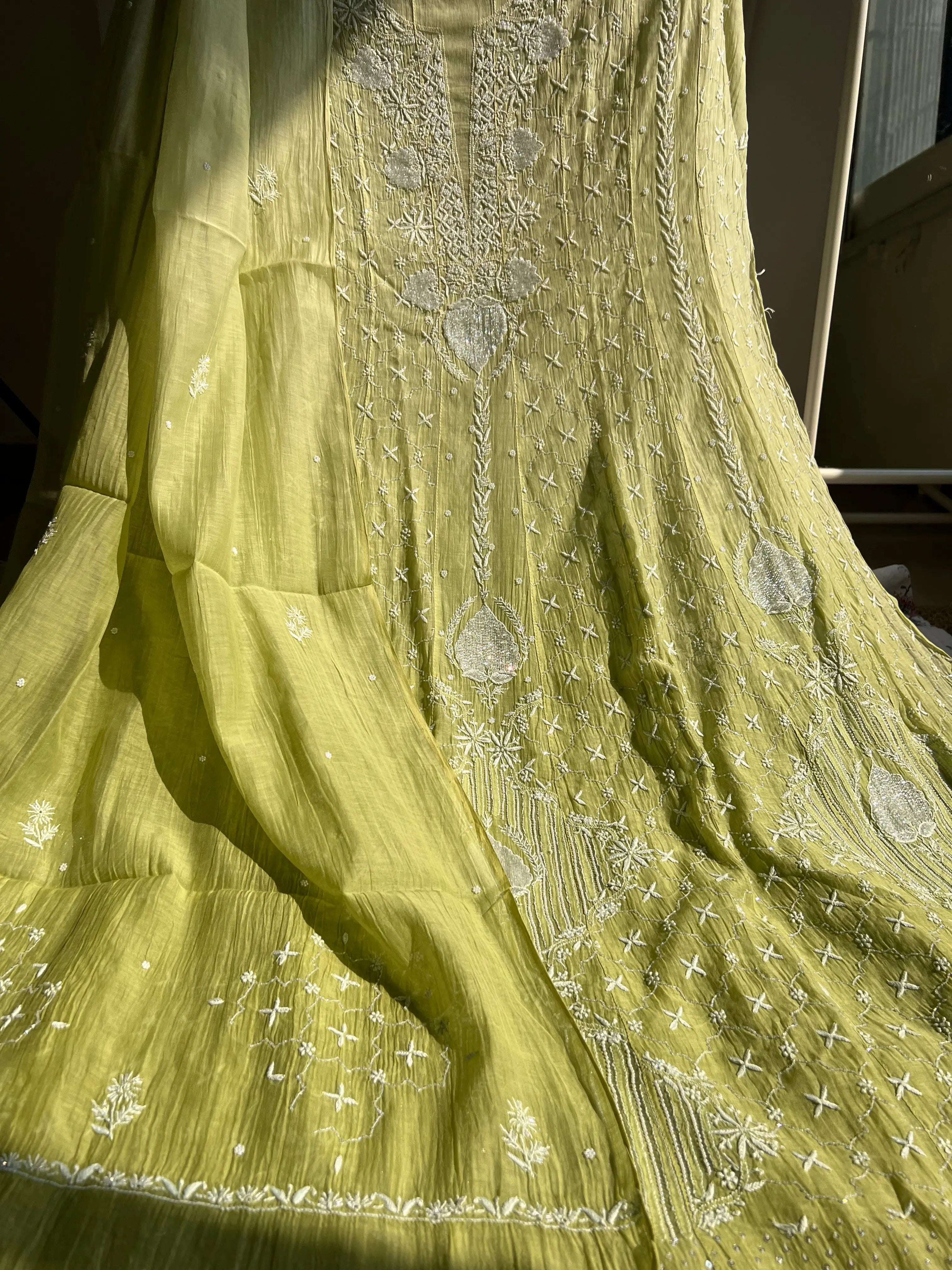 Mul Chanderi Chikankari Anarkali - Mehandi Green ARIAA CHIKANKARI