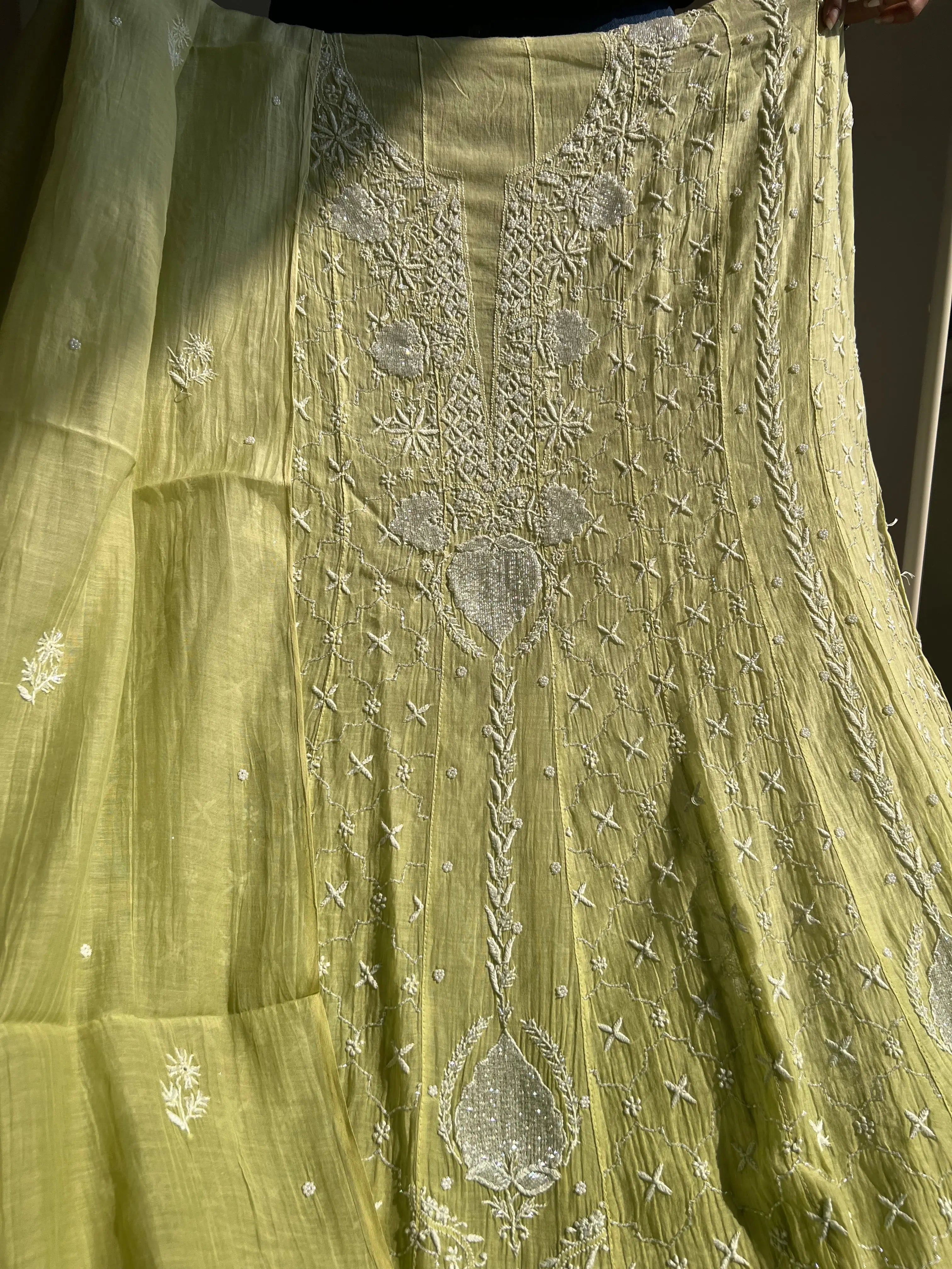 Mul Chanderi Chikankari Anarkali - Mehandi Green ARIAA CHIKANKARI