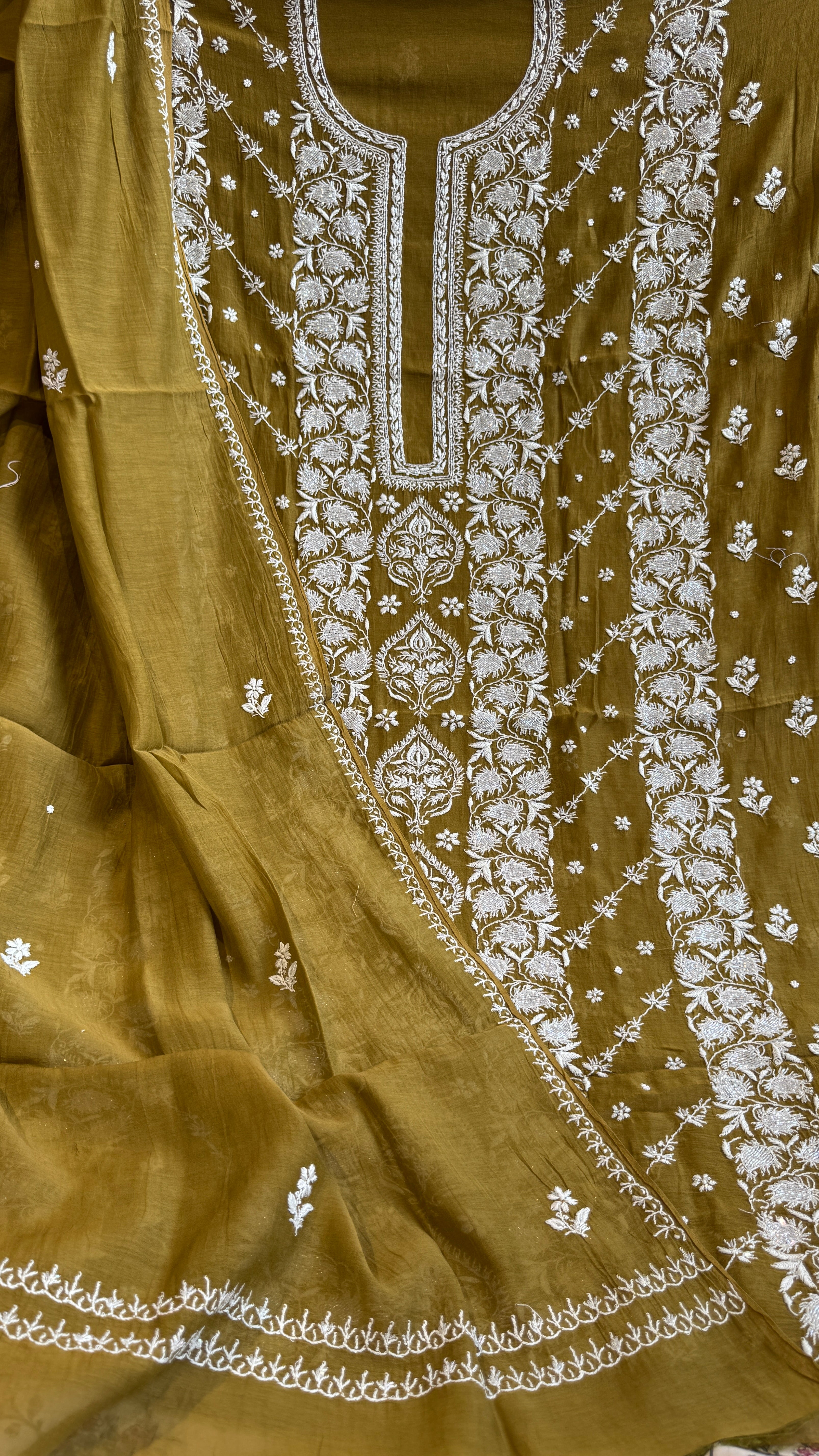 Mul Chanderi Chikankari - Heavy Unstitched Set - Mehandi Green