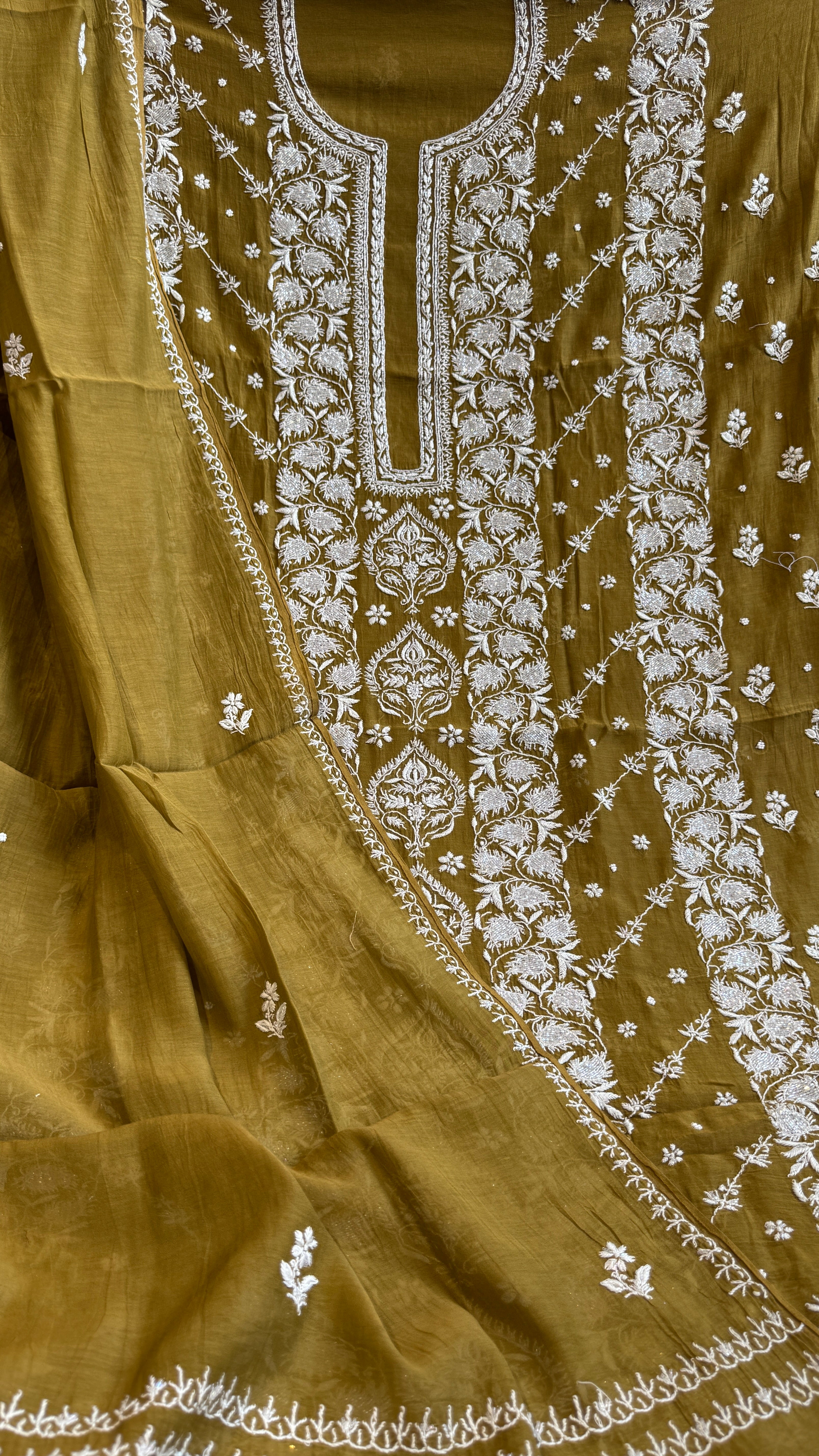 Mul Chanderi Chikankari - Heavy Unstitched Set - Mehandi Green