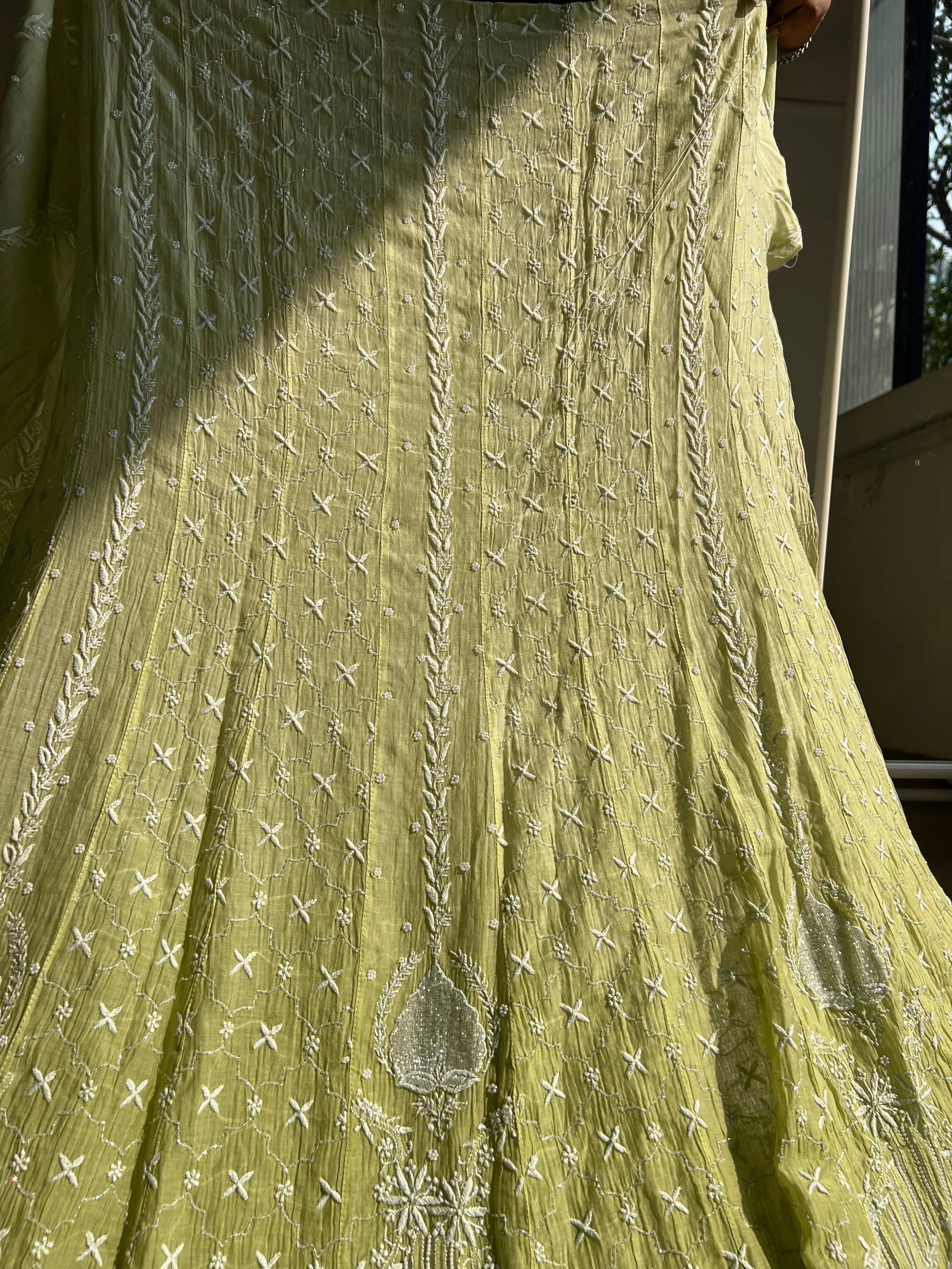 Mul Chanderi Chikankari Anarkali - Mehandi Green ARIAA CHIKANKARI