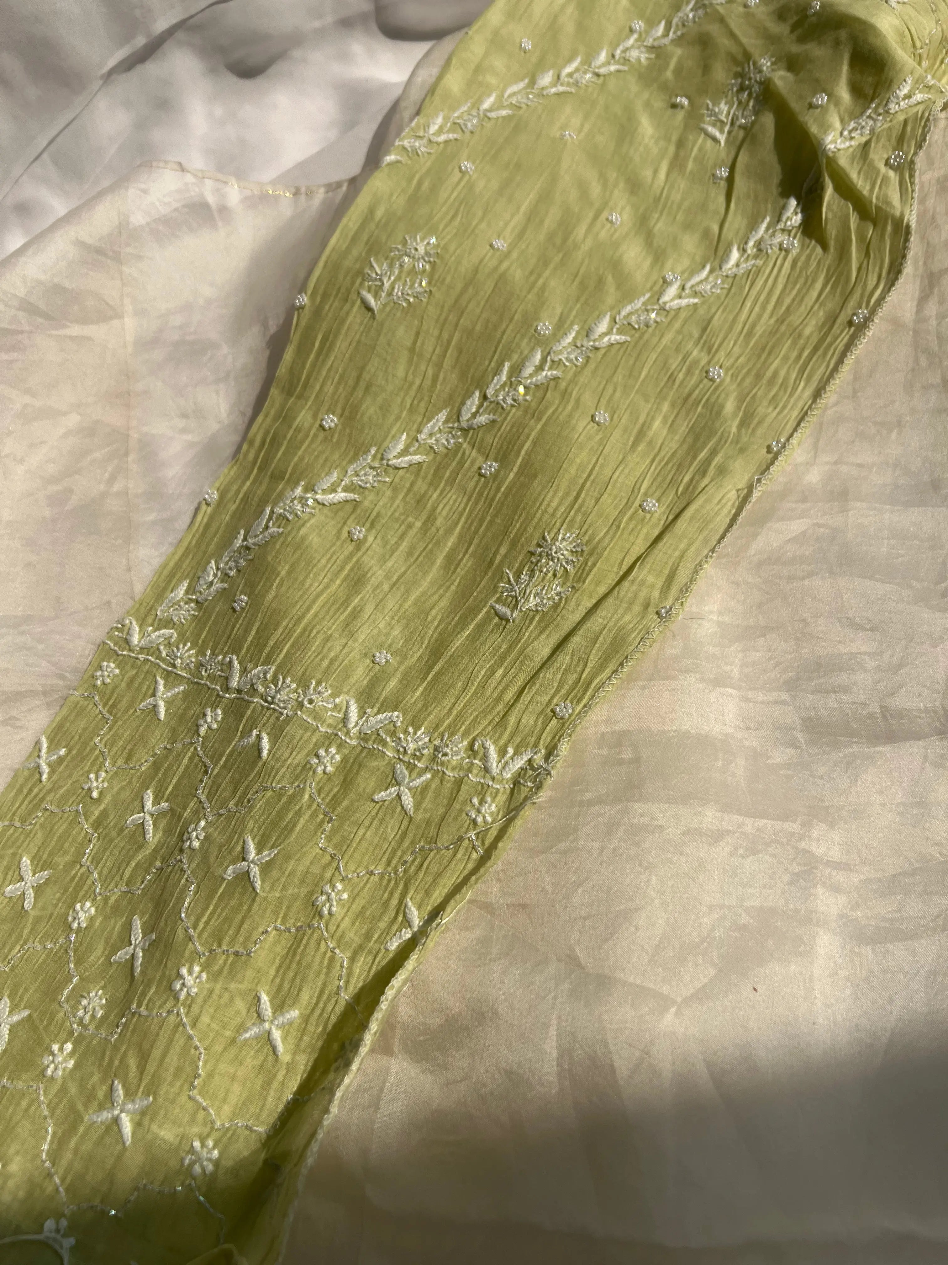 Mul Chanderi Chikankari Anarkali - Mehandi Green ARIAA CHIKANKARI