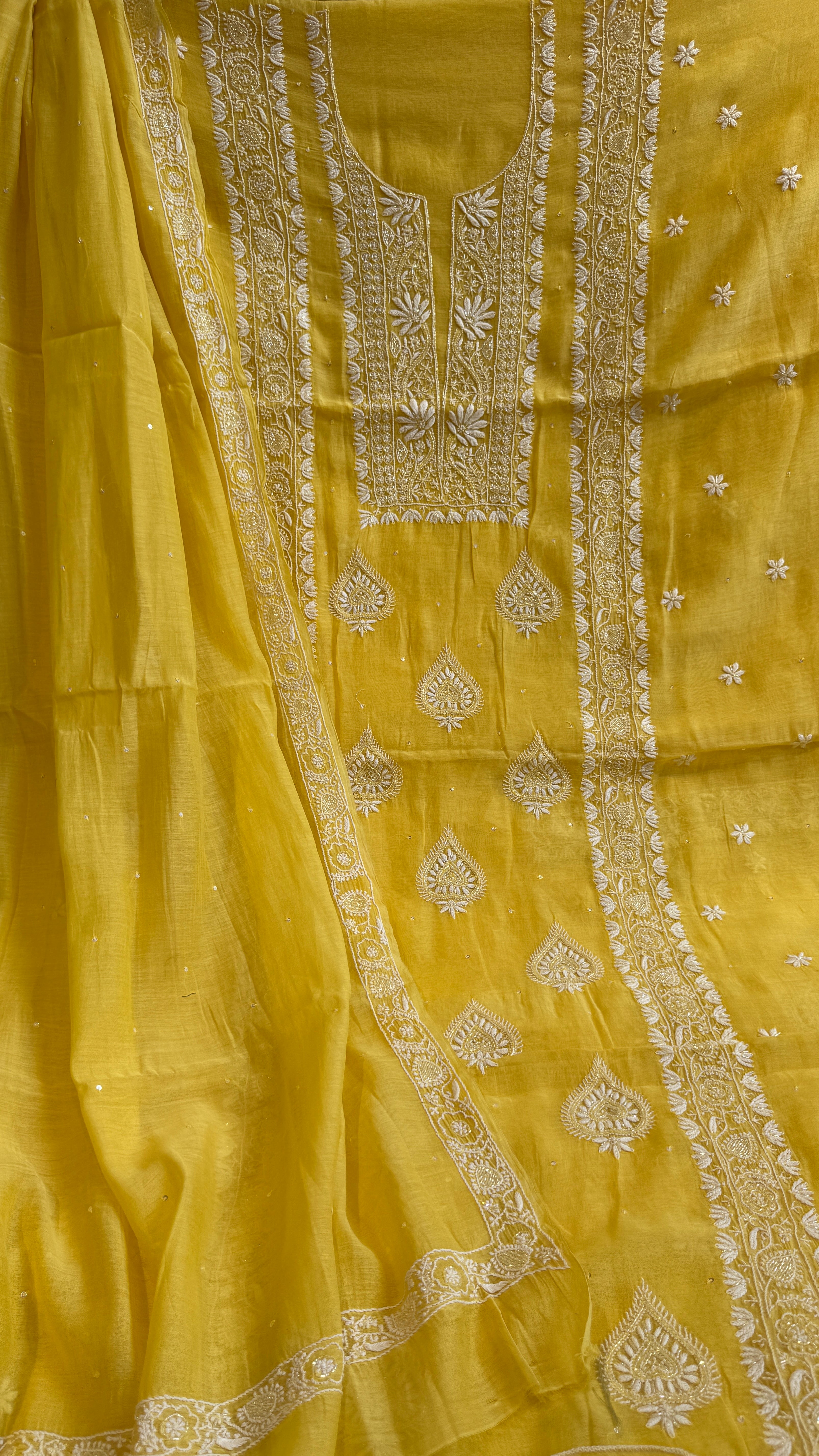 Mul Chanderi Chikankari - Heavy Unstitched Set - Yellow