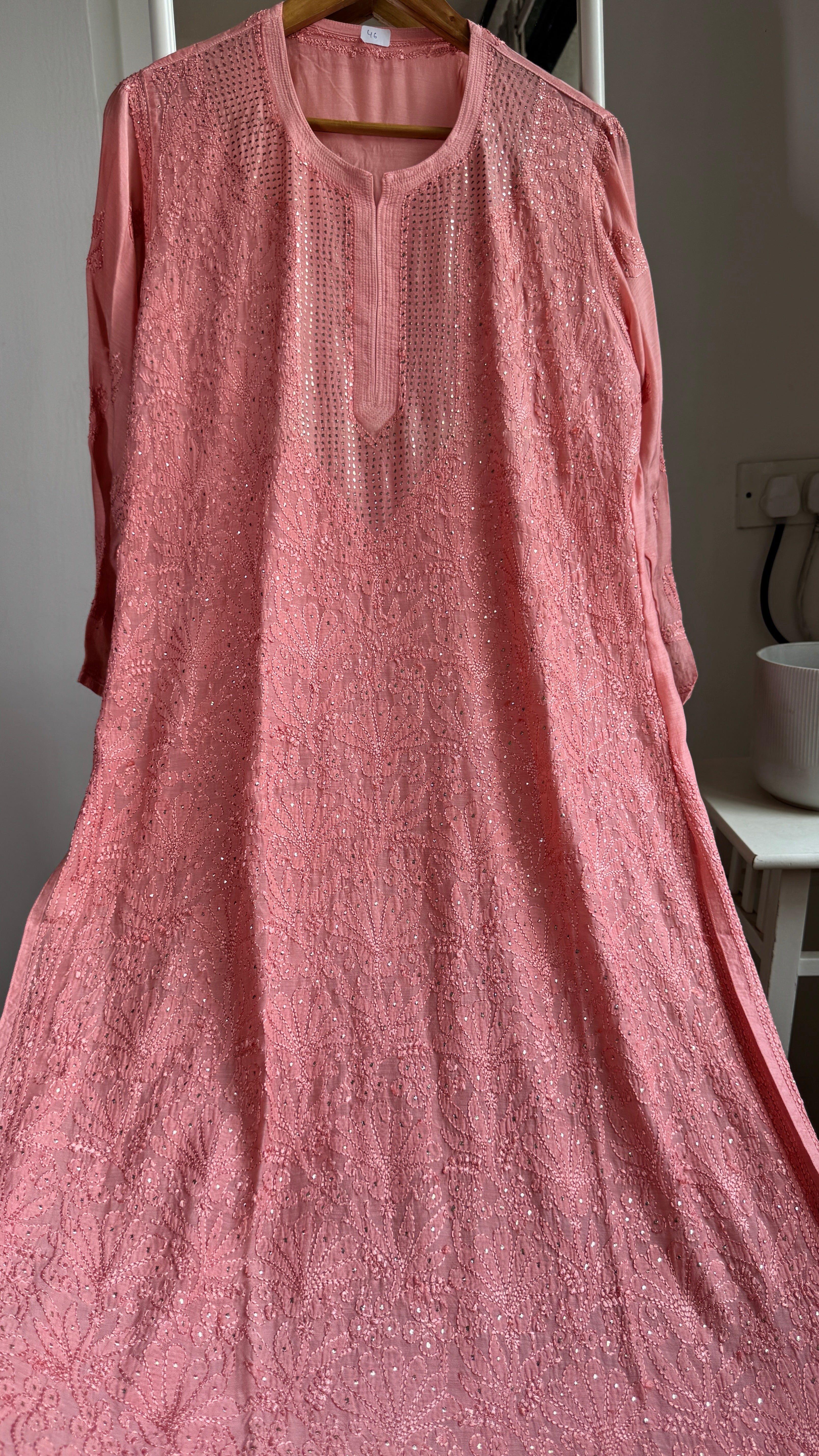 Muslin Chikankari Full Jaal Kurti with Mukaish work - Rosewood - Aayat Collection