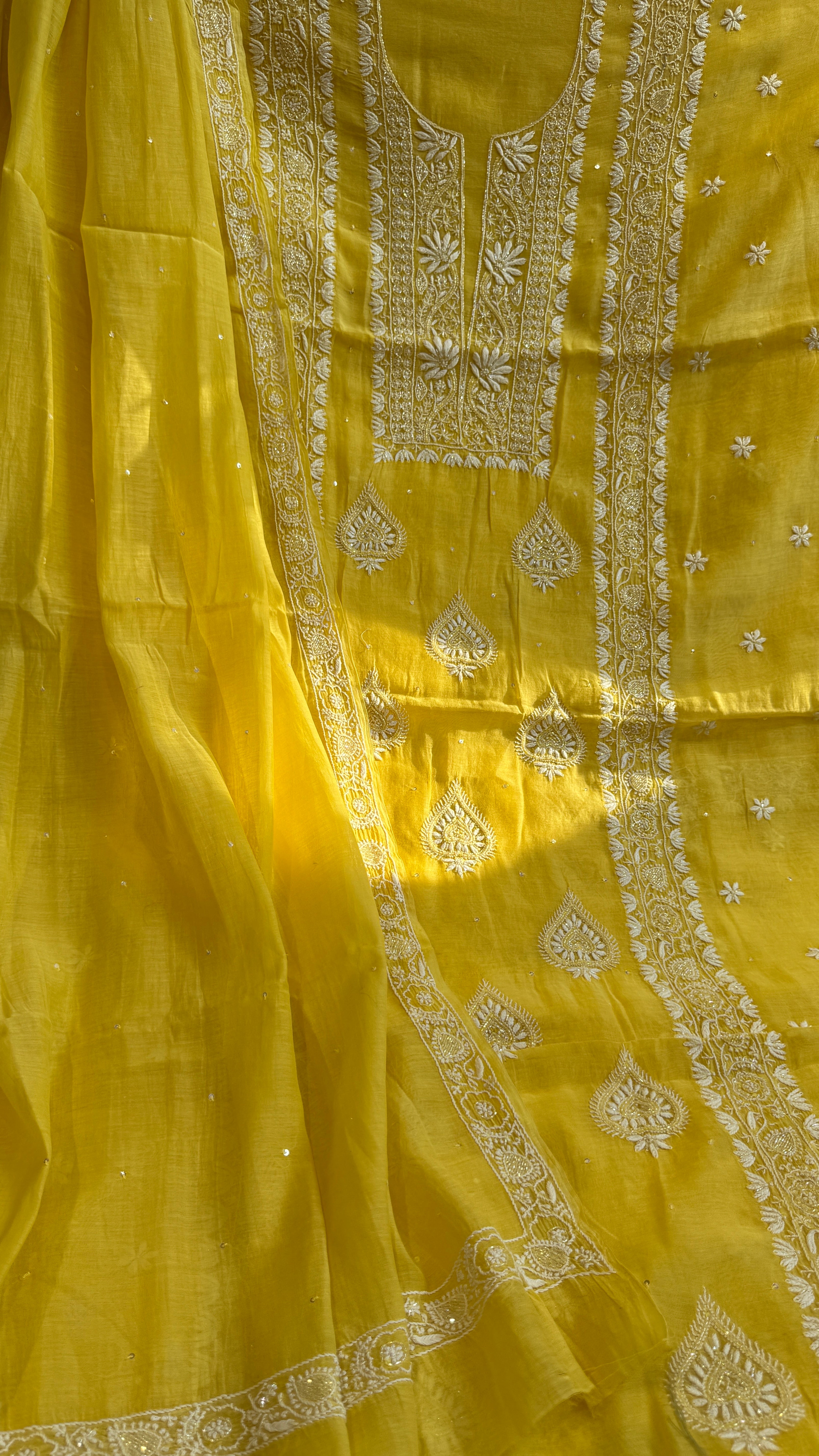 Mul Chanderi Chikankari - Heavy Unstitched Set - Yellow