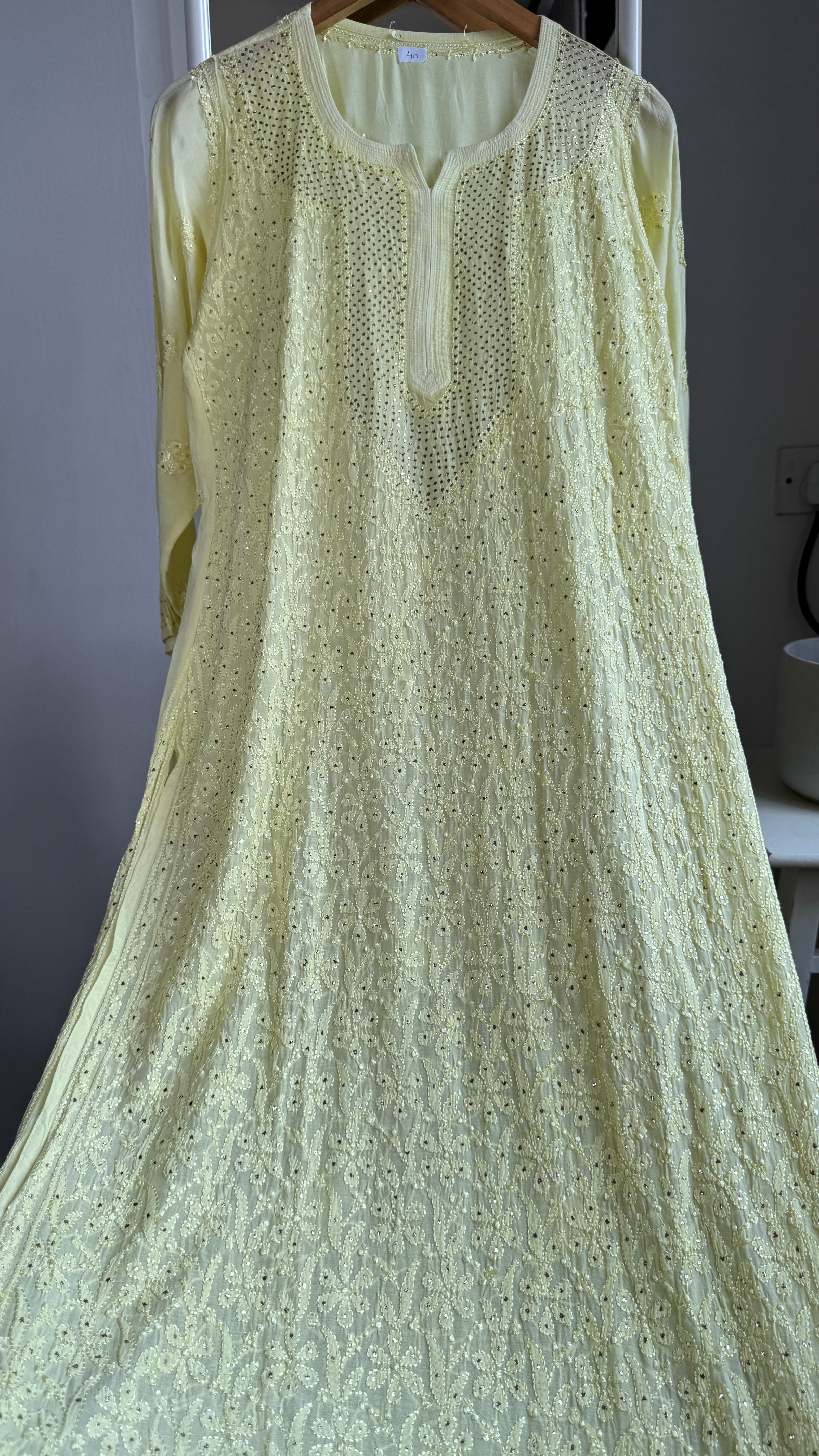Muslin Chikankari Full Jaal Kurti with Mukaish work - Lemon Yellow - Aayat Collection