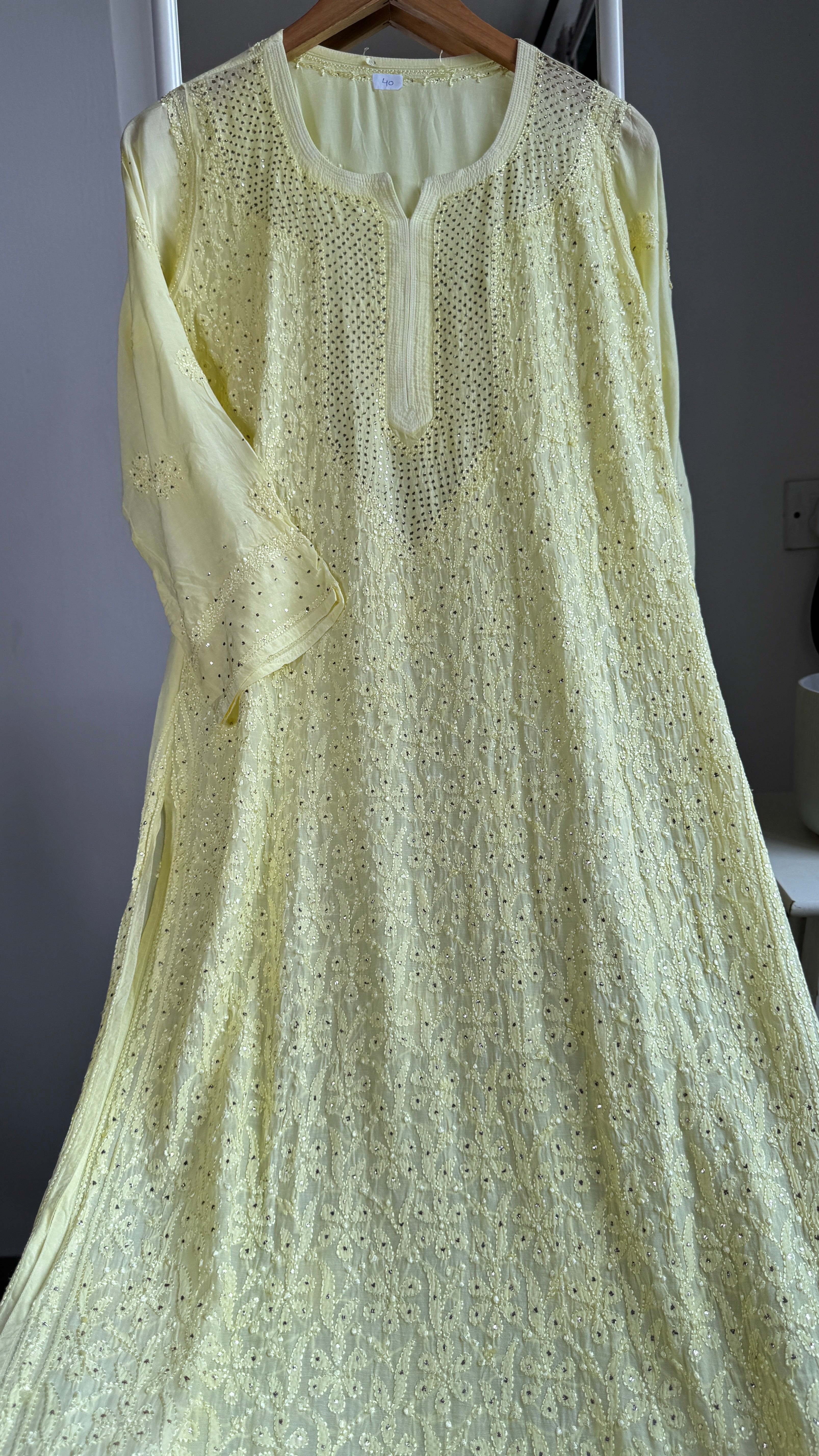 Muslin Chikankari Full Jaal Kurti with Mukaish work - Lemon Yellow - Aayat Collection